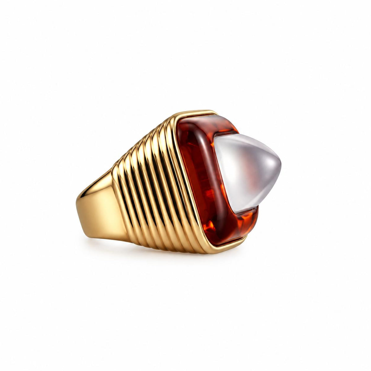Lalique Charmante Amber Crystal Clear Cabochon Sterling Vermeil Ring 10525500