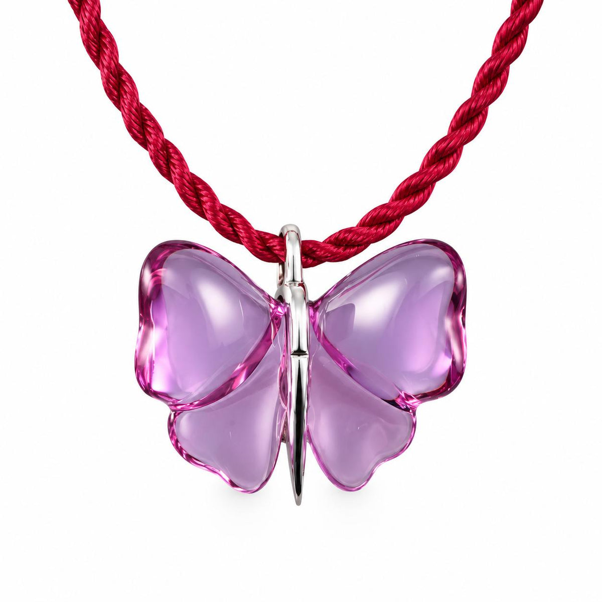 Lalique Papillon Fuchsia Crystal Silver Butterfly Pendant Cord Necklace 7783900