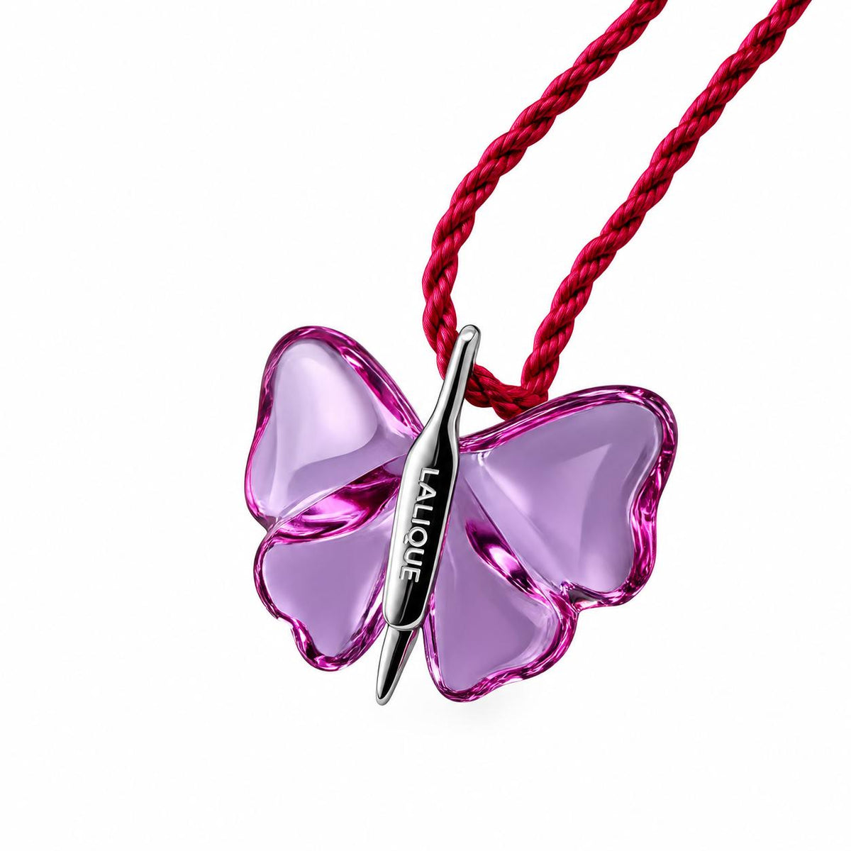 Lalique Papillon Fuchsia Crystal Silver Butterfly Pendant Cord Necklace 7783900