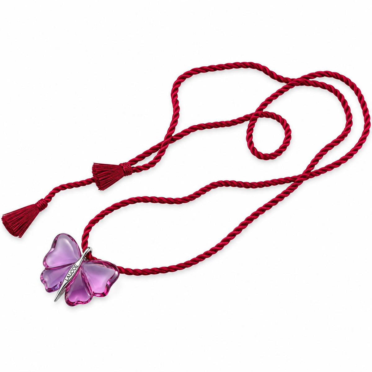 Lalique Papillon Fuchsia Crystal Silver Butterfly Pendant Cord Necklace 7783900