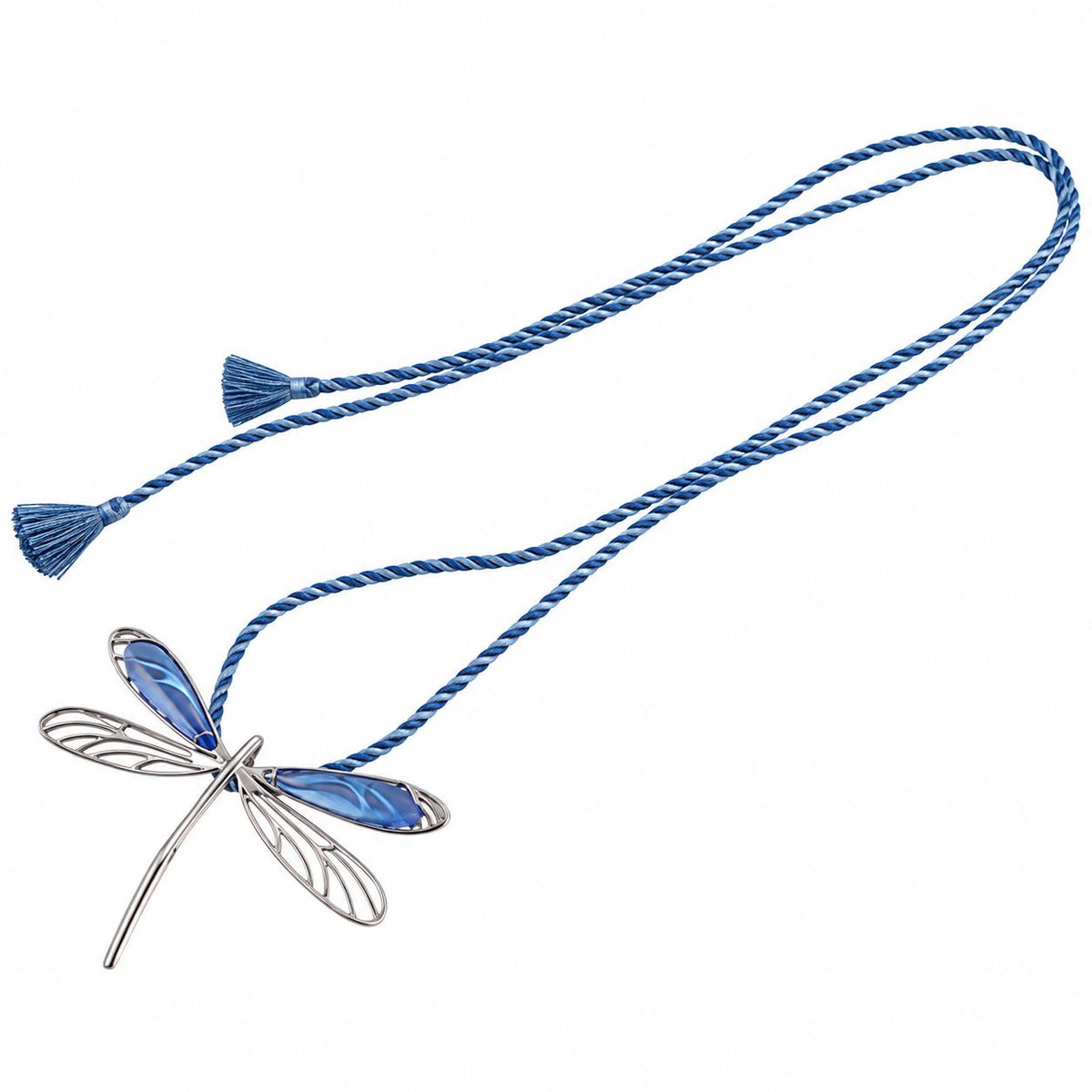 Lalique Dragonfly Blue Crystal Sterling Silver Cord Necklace 7778500