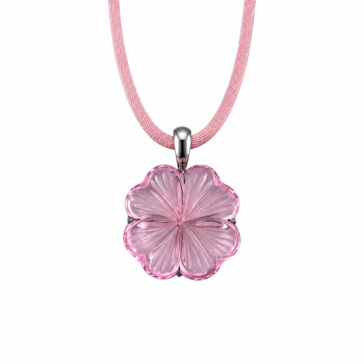 Lalique Bonheur Four Leaf Clover Pink Crystal Sterling Pendant Necklace 6705300