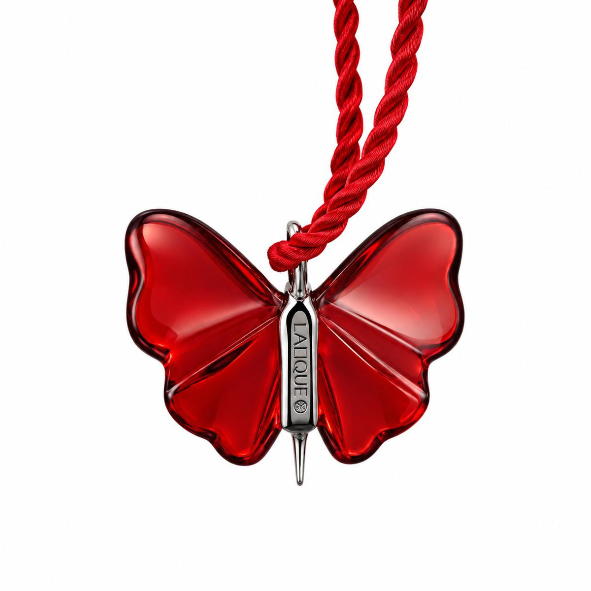 Lalique Papillon Red Crystal Silver Butterfly Pendant Cord Necklace 7680400