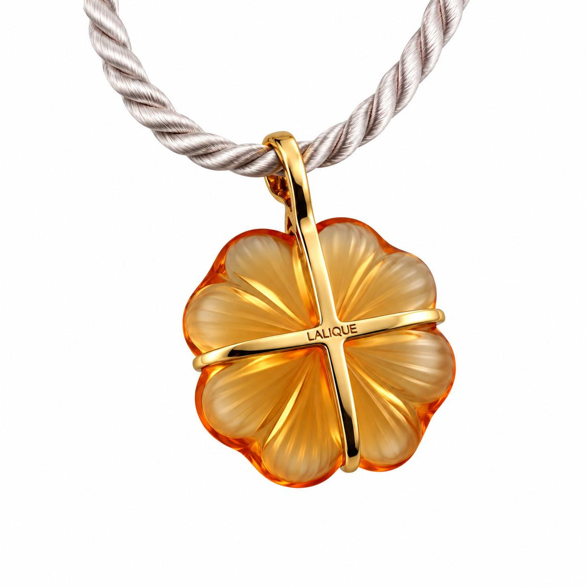 Lalique Bonheur Four Leaf Clover Crystal Gold Plated Pendant Necklace 6705600