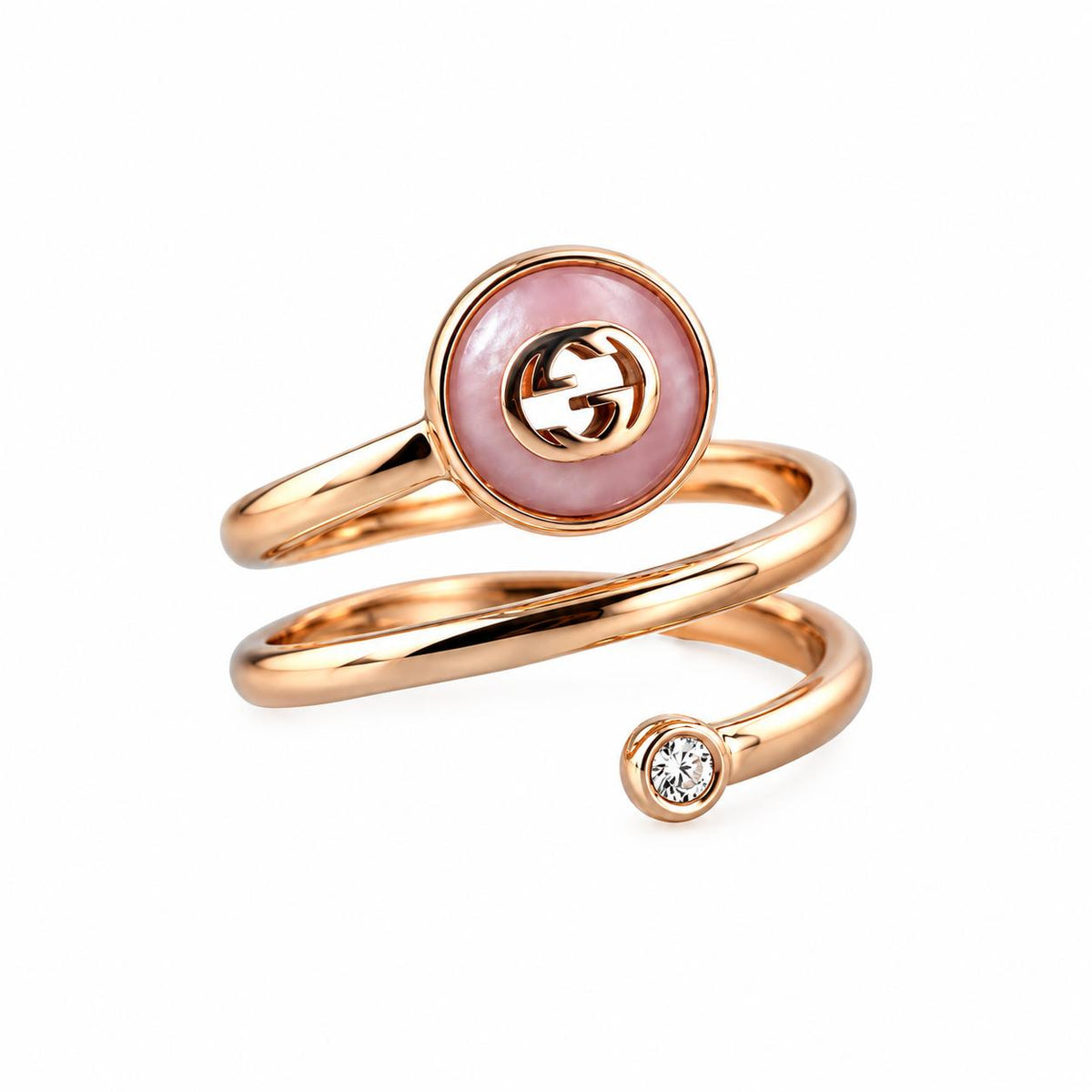 Gucci Interlocking G 18k Gold Diamond Pink Opal Spiral Ring