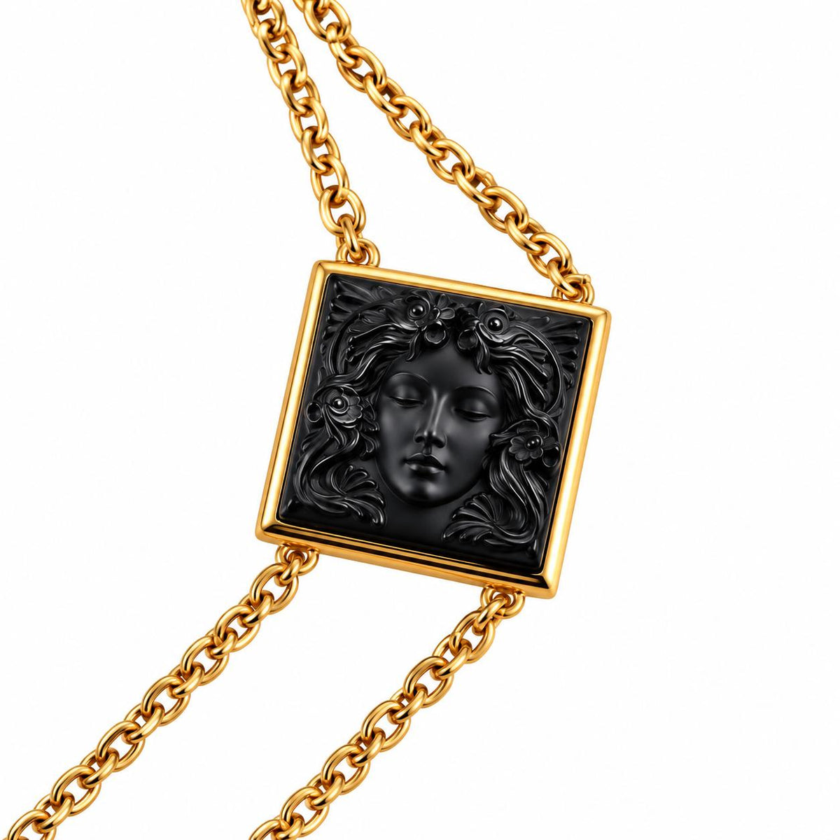 Lalique Arethuse Black Crystal Resin Vermeil Pendant Chain Necklace 10698500