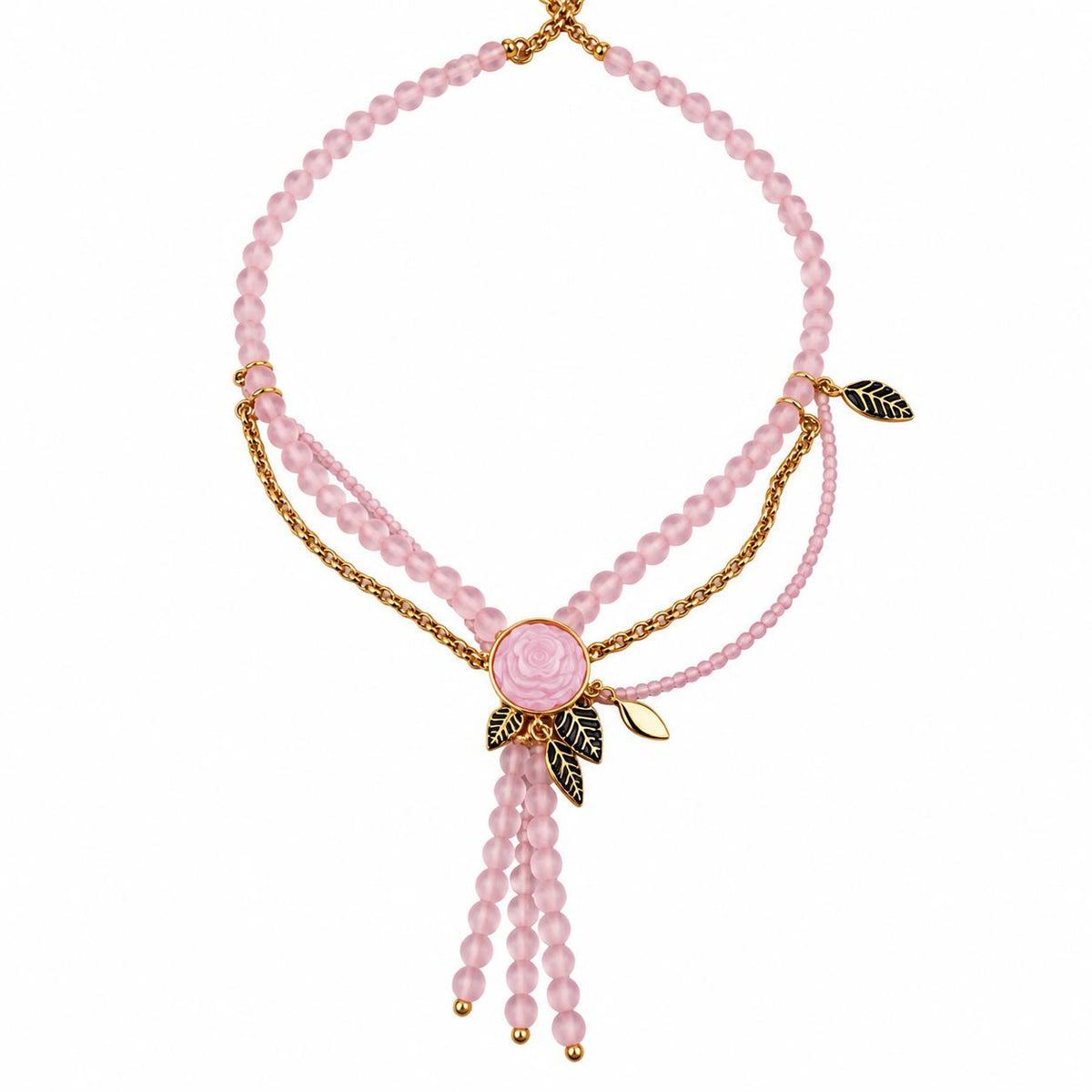 Lalique Pivoine Peony Flower Crystal Gold Plate Pendant Beaded Necklace 10707600