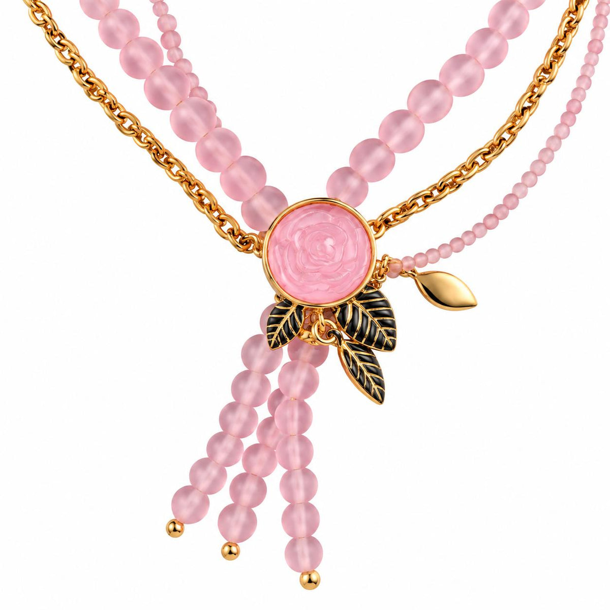 Lalique Pivoine Peony Flower Crystal Gold Plate Pendant Beaded Necklace 10707600