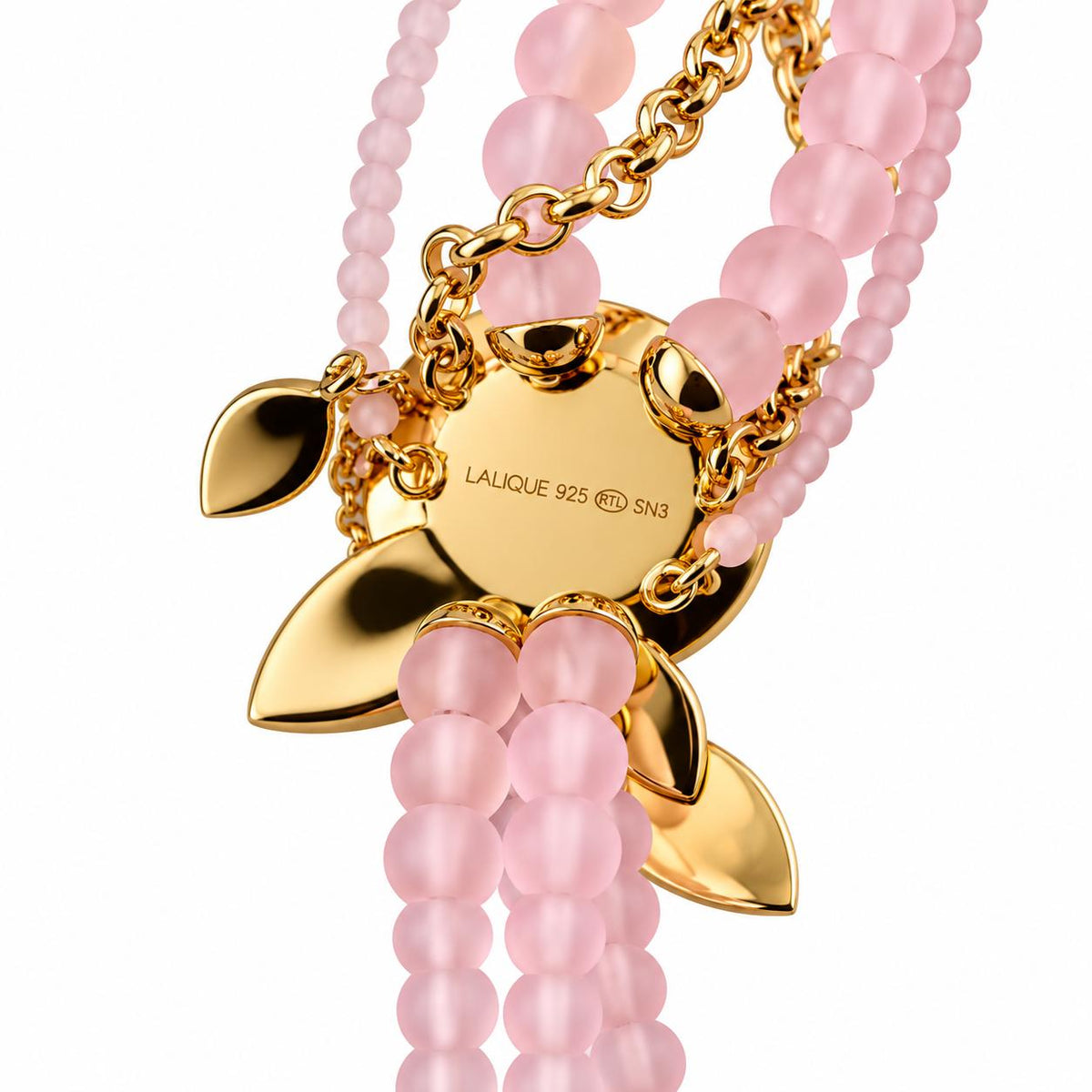 Lalique Pivoine Peony Flower Crystal Gold Plate Pendant Beaded Necklace 10707600