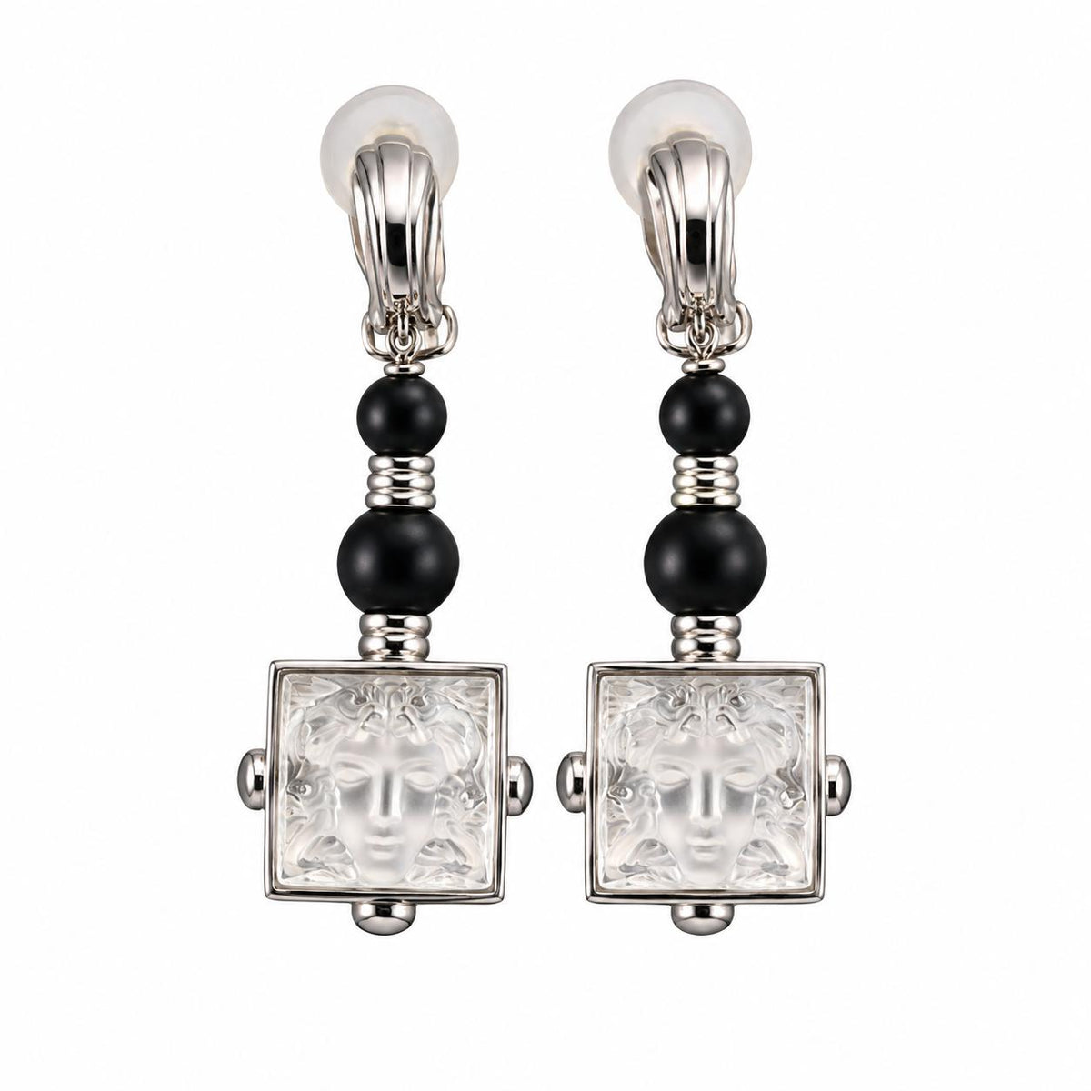 Lalique Arethuse Crystal Onyx Sterling Silver Dangle Clip Earrings 10445200