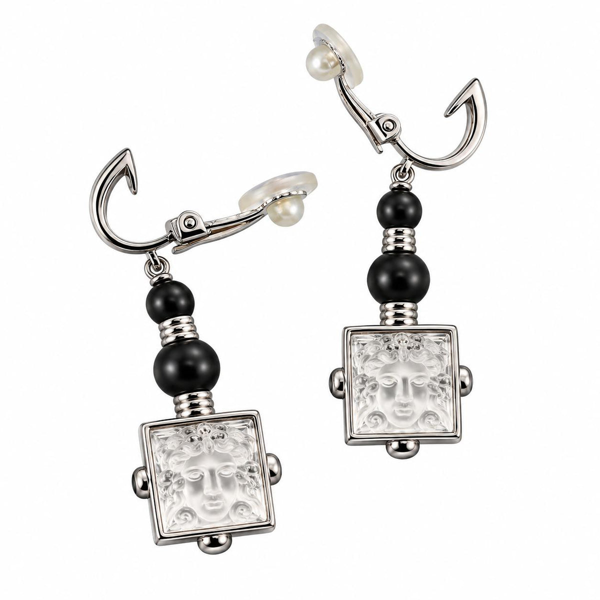 Lalique Arethuse Crystal Onyx Sterling Silver Dangle Clip Earrings 10445200