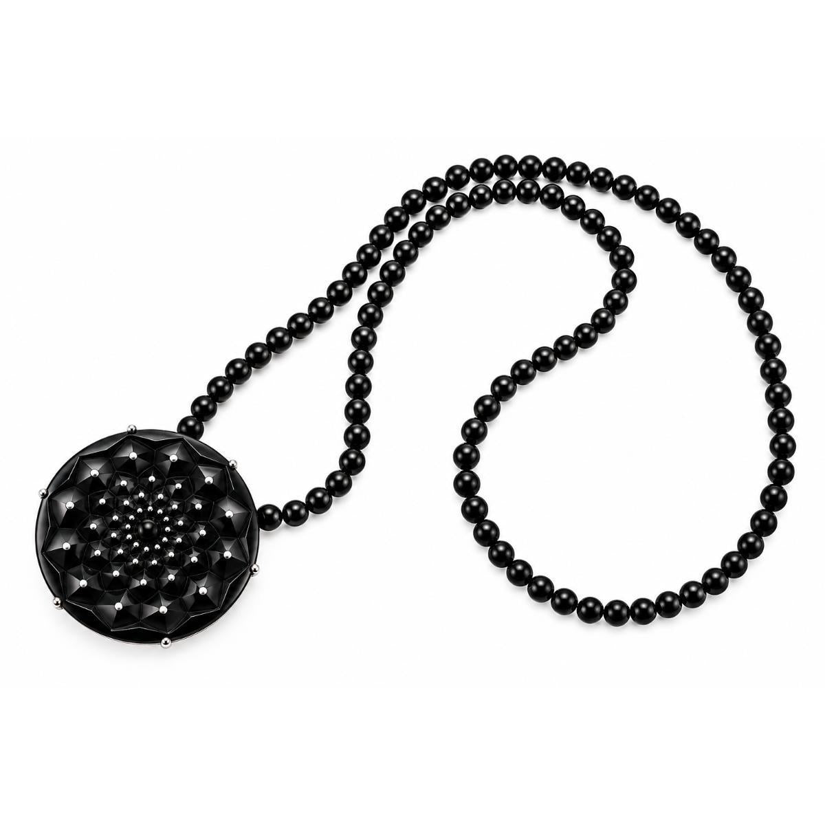 Lalique Cactus Black Crystal Onyx Sterling Medallion Pendant Necklace 10394300