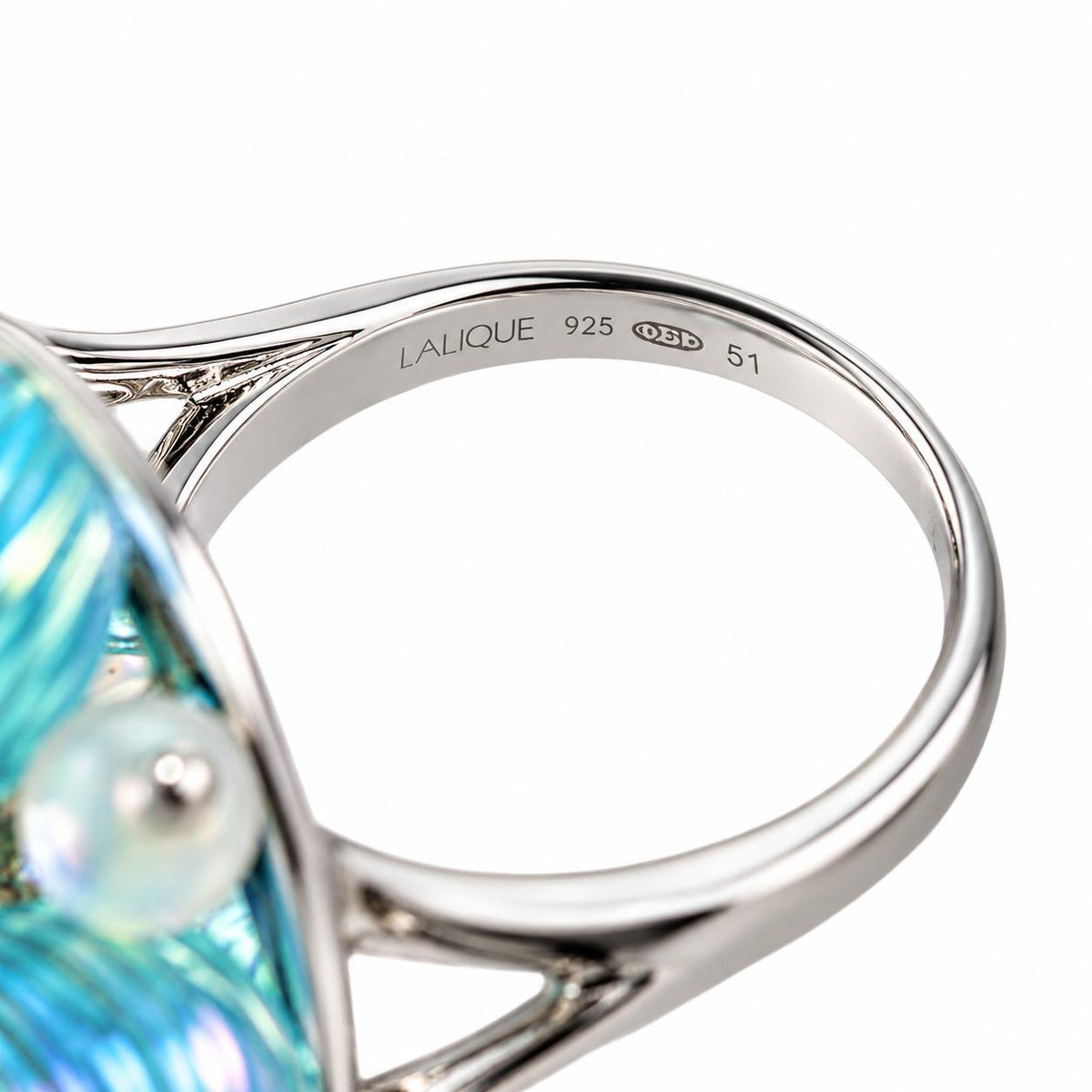 Lalique Charmante Blue Color Crystal Sterling Silver Cocktail Ring 10392700