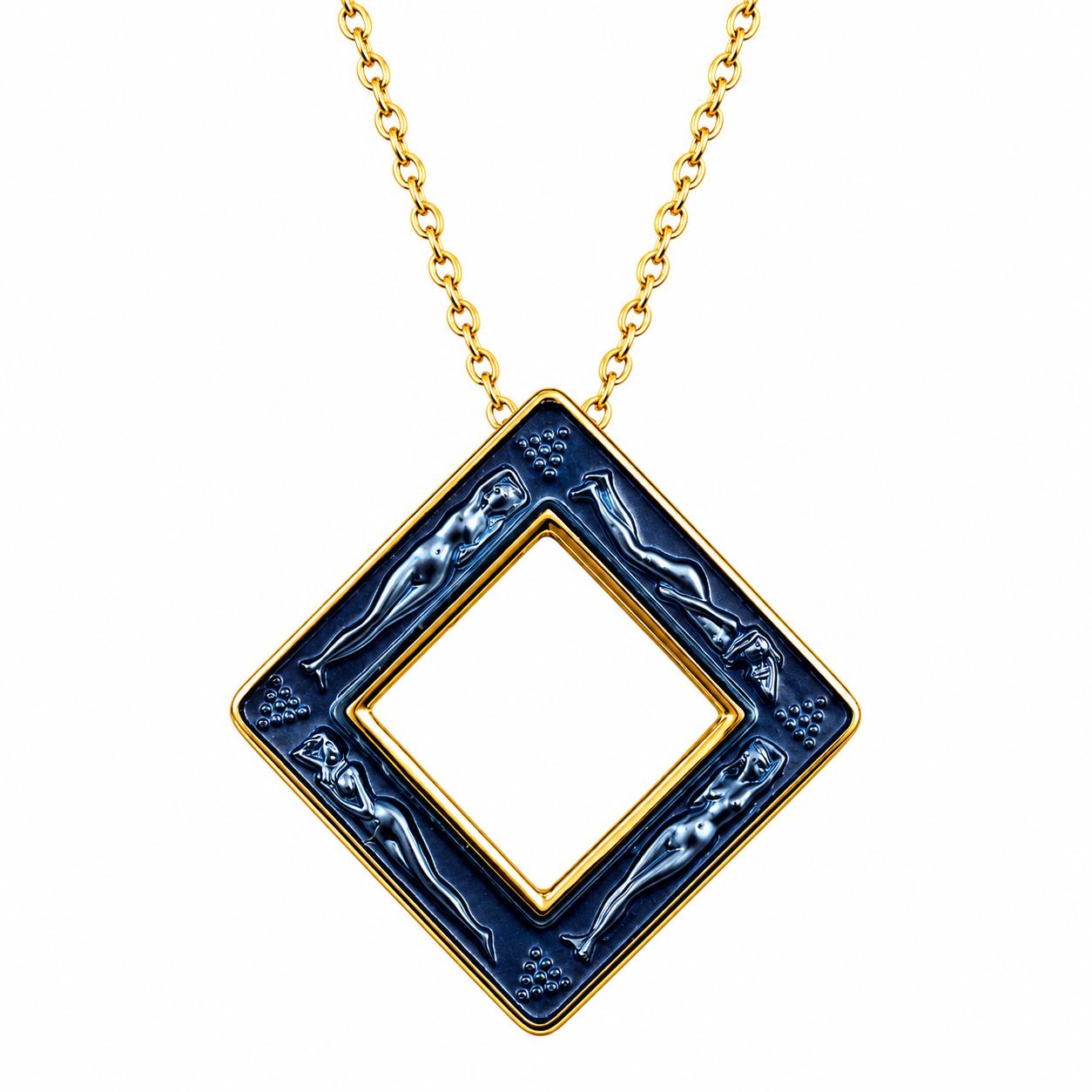 Lalique Losange Bacchantes Nudes Blue Crystal Gold Plated Necklace 10780600