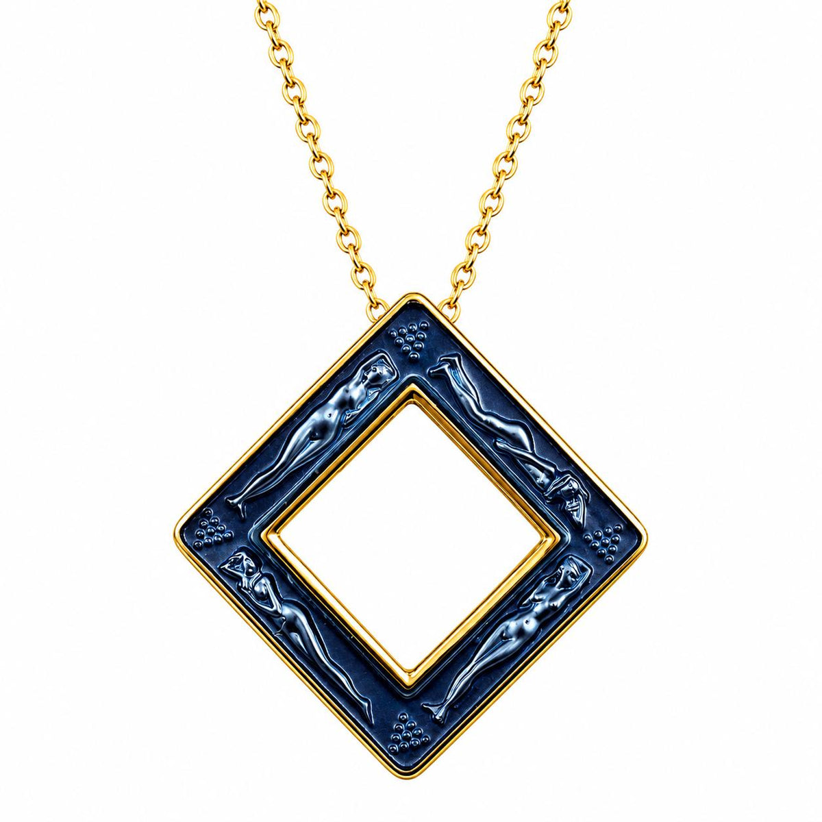 Lalique Losange Bacchantes Nudes Blue Crystal Gold Plated Necklace 10780600