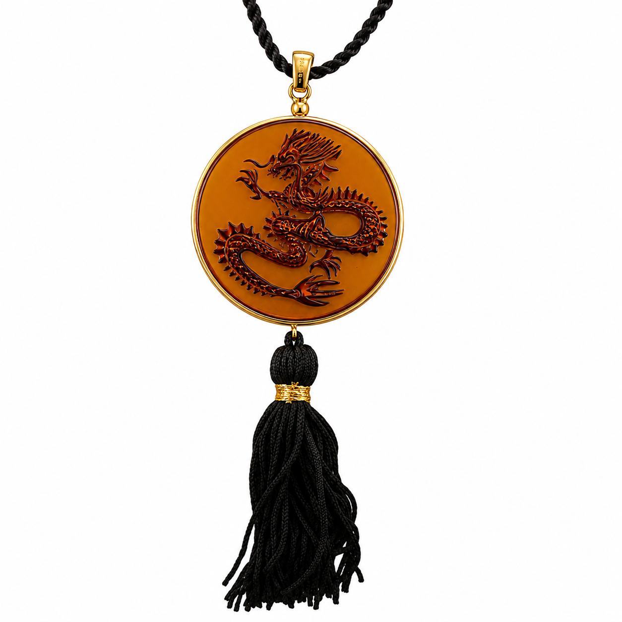 Lalique Dragon Amber Crystal Gold Plated Tassel Pendant Necklace 10791500