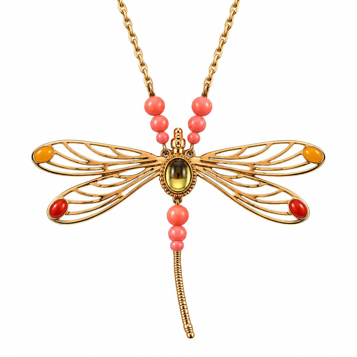 Lalique Dragonfly Libellule Pink Yellow Crystal Vermeil Silver Necklace 10383600
