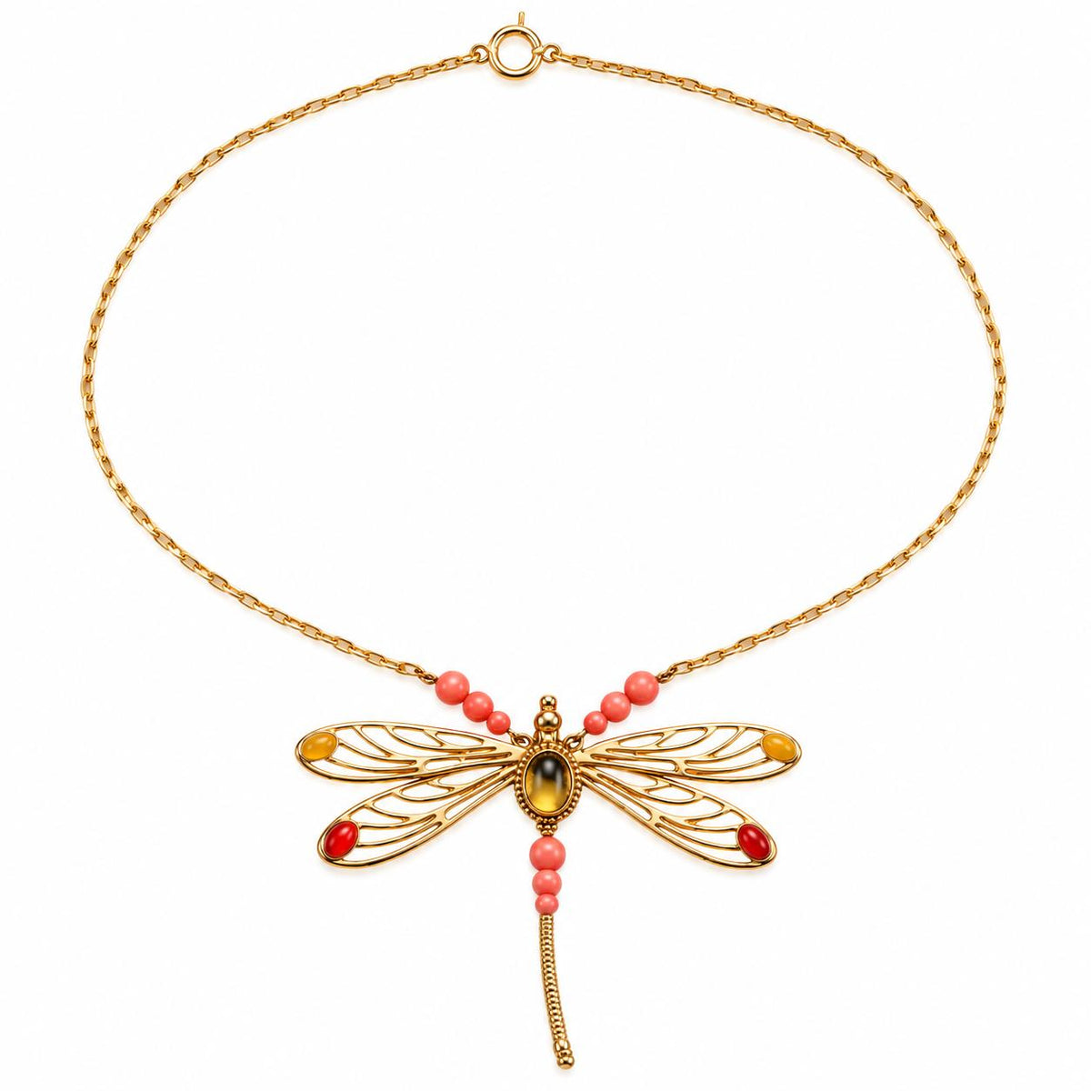 Lalique Dragonfly Libellule Pink Yellow Crystal Vermeil Silver Necklace 10383600