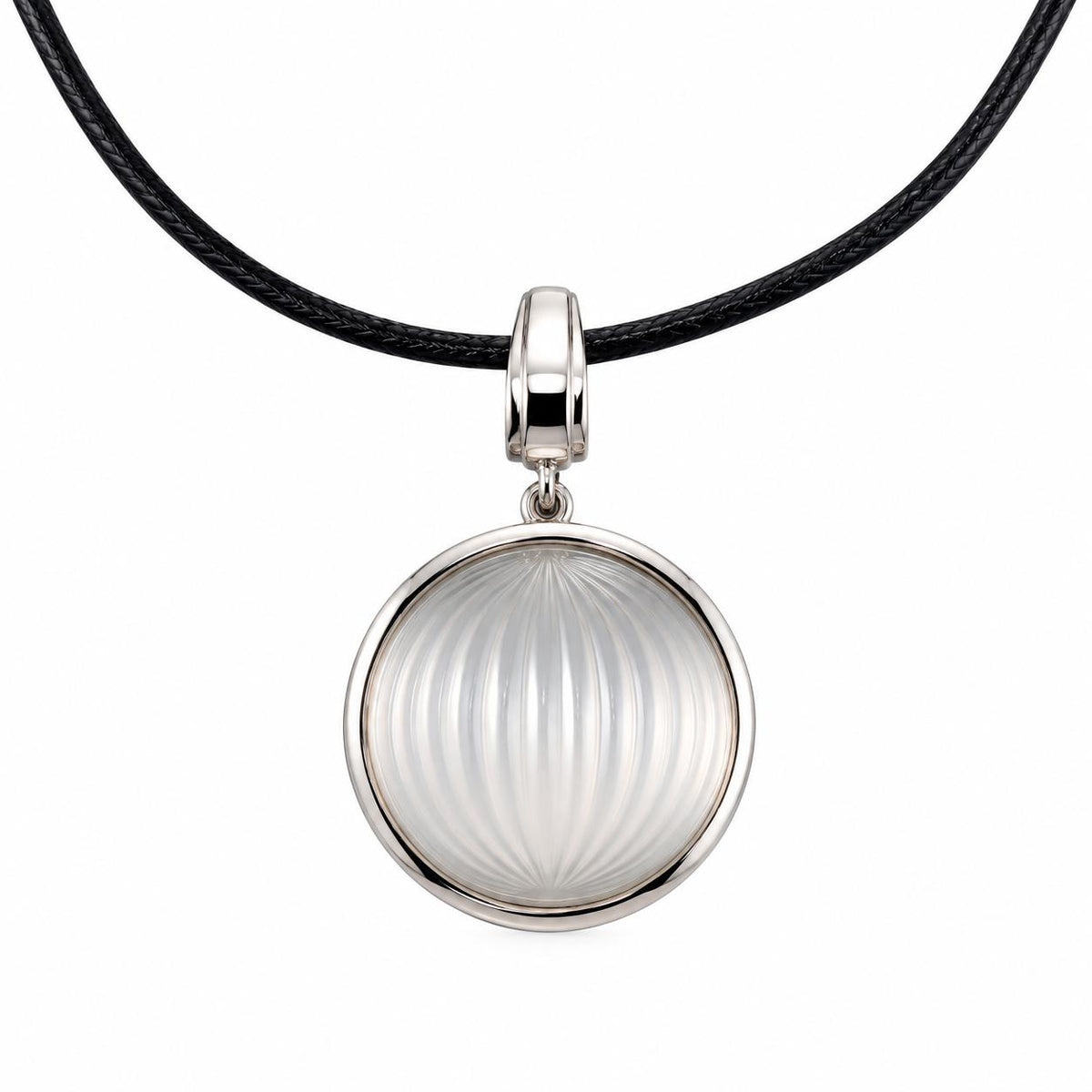 Lalique Vibrante Carved Crystal Sterling Silver Pendant Cord Necklace 10530200