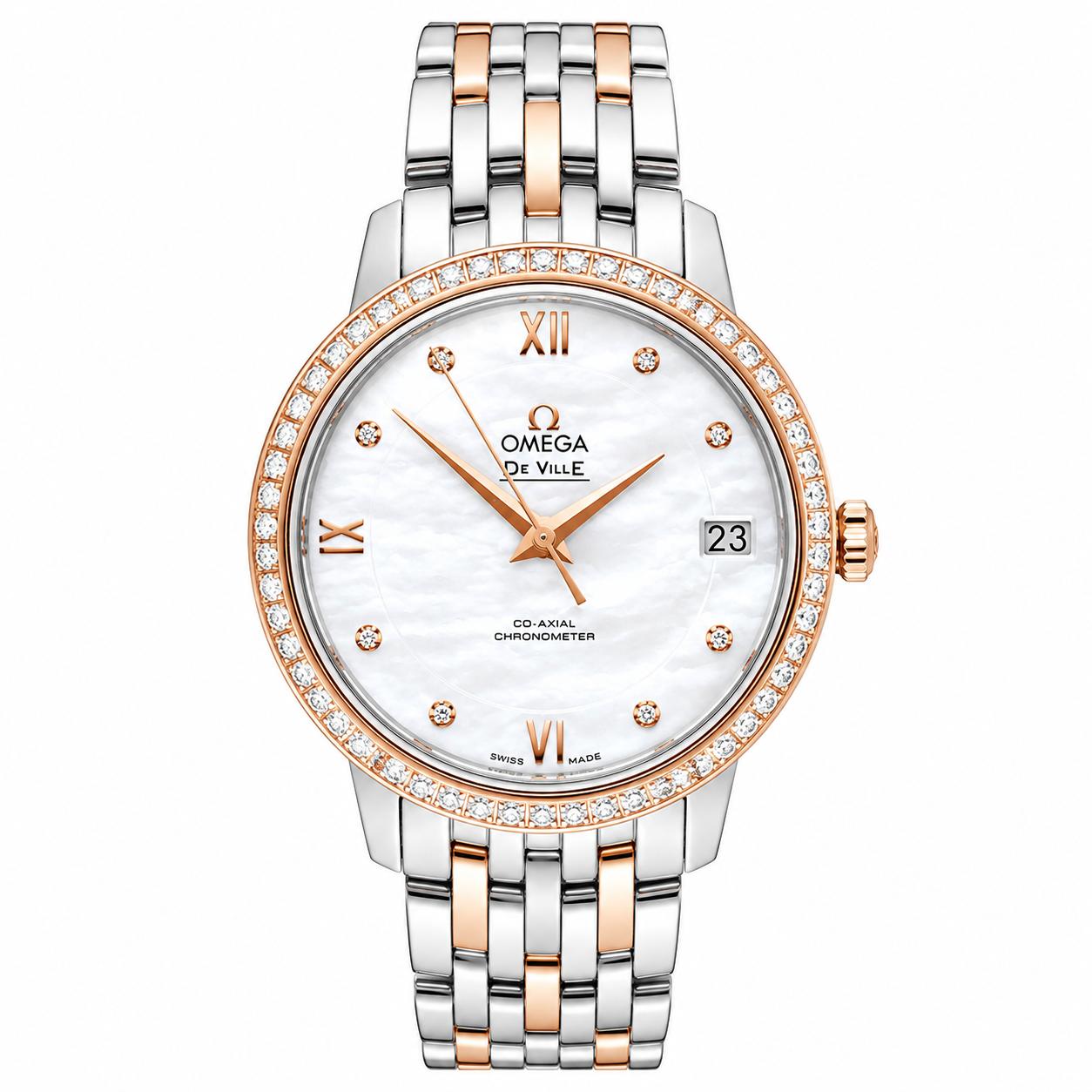 Omega Prestige De Ville Rose Gold Steel Diamond MOP Ladies Watch 42425332055002