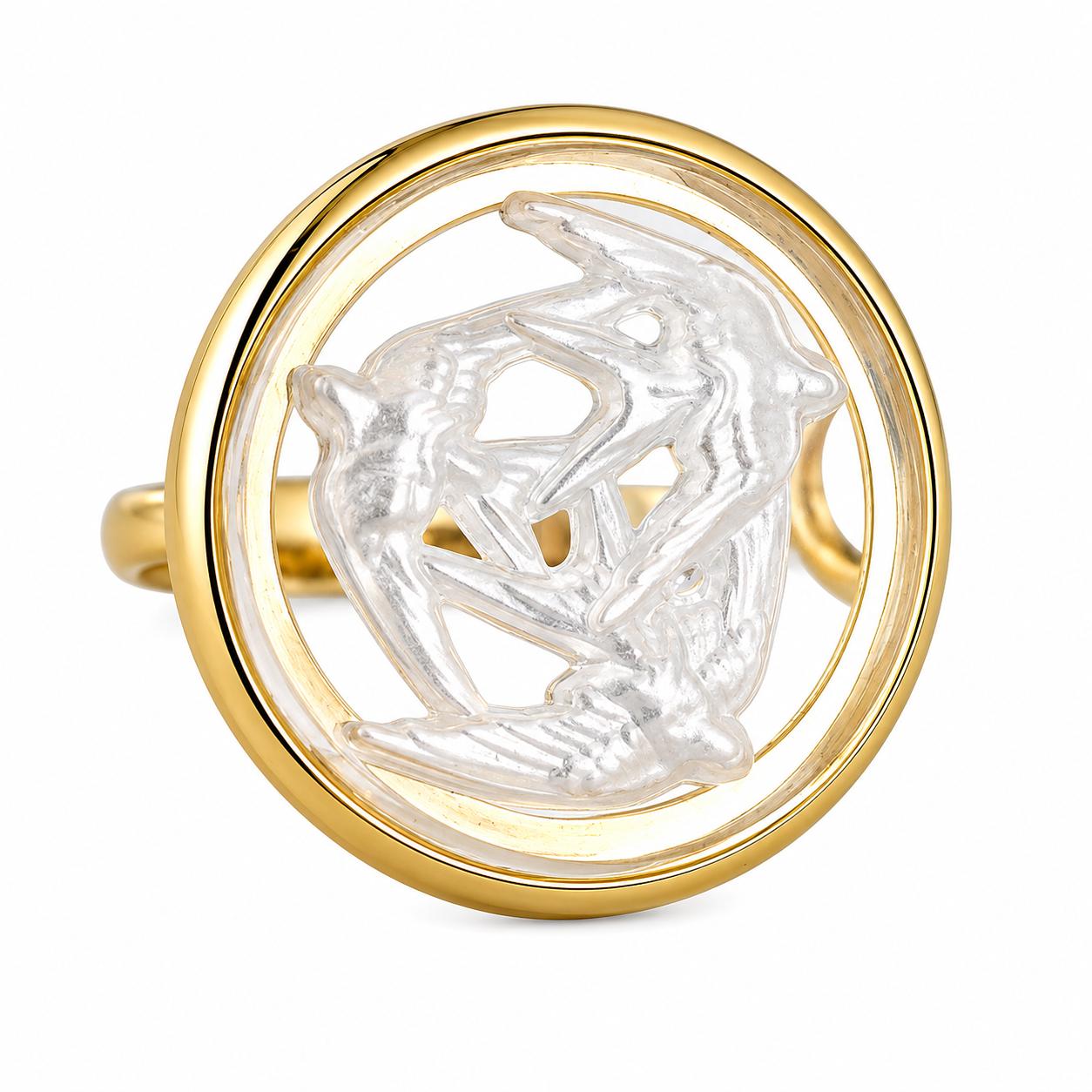 Lalique Three Hirondelles Swallows Crystal Vermeil Silver Ring 10666900