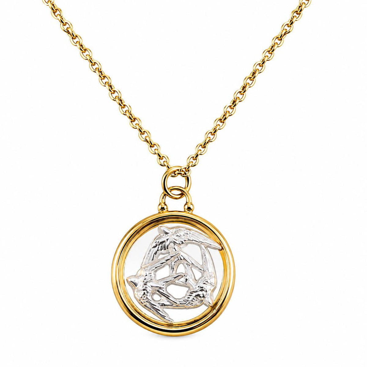 Lalique Hirondelles 3 Swallows Crystal Vermeil Silver Necklace Large 10667600