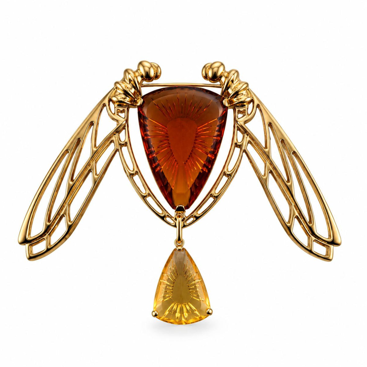 Lalique Ice Light Orange Crystal Gold Plated Silver Dragonfly Brooch 10046900