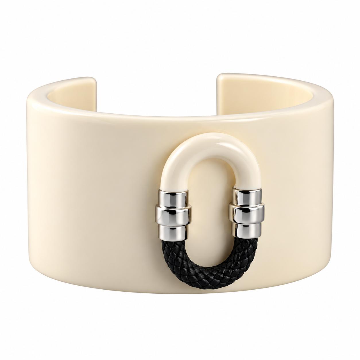 Lalique 1927 Black Crystal Resin Silver Plated Wide Cuff Bracelet Large 10652200