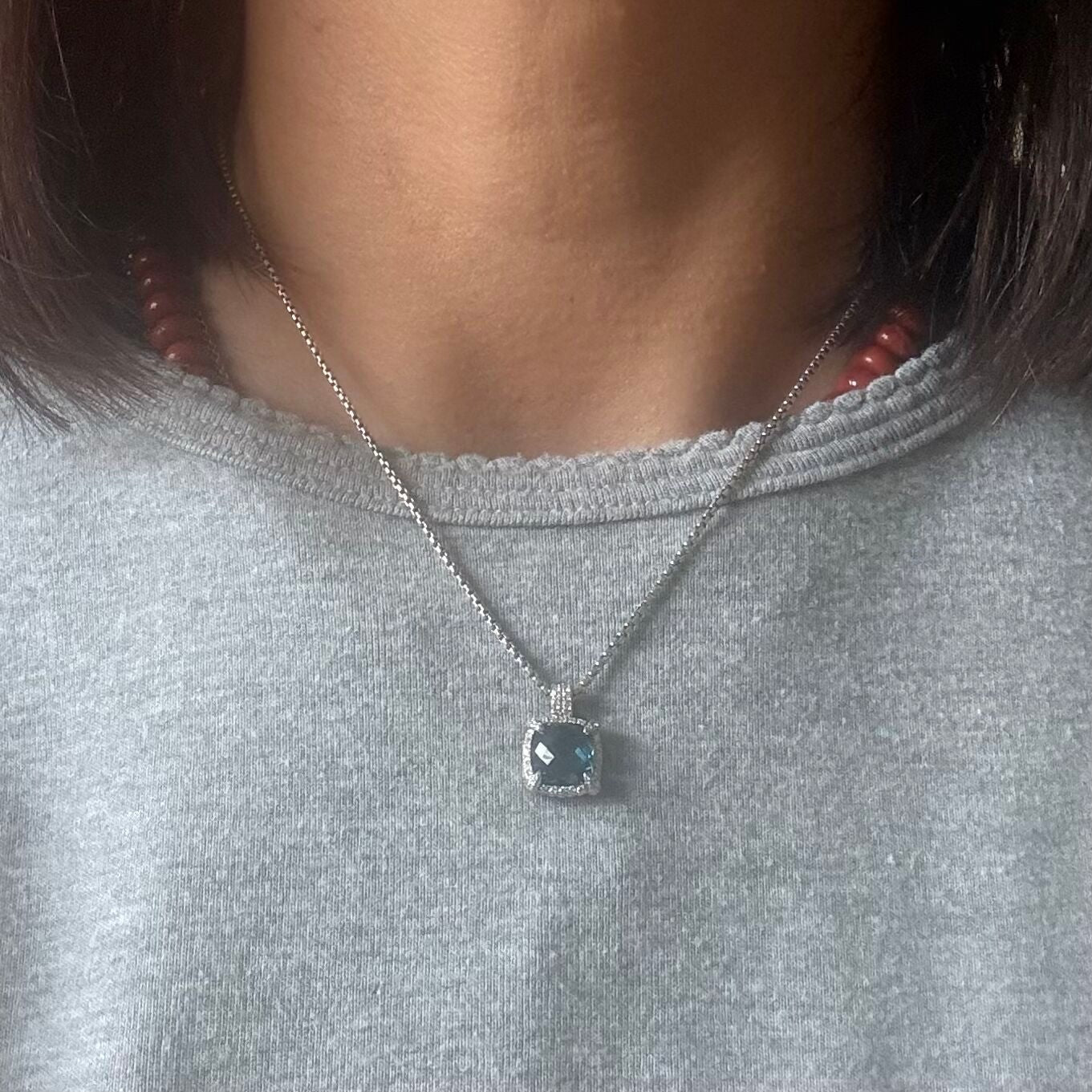 David Yurman Chatelaine Sterling Blue Topaz Diamond Pendant Necklace