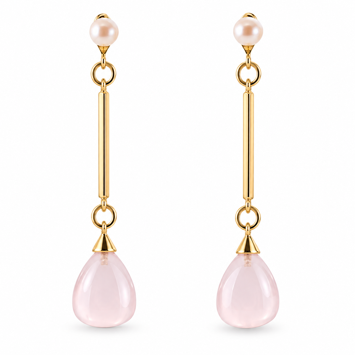 Mimi Milano Pearl Rose Quartz Gold Drop Earrings