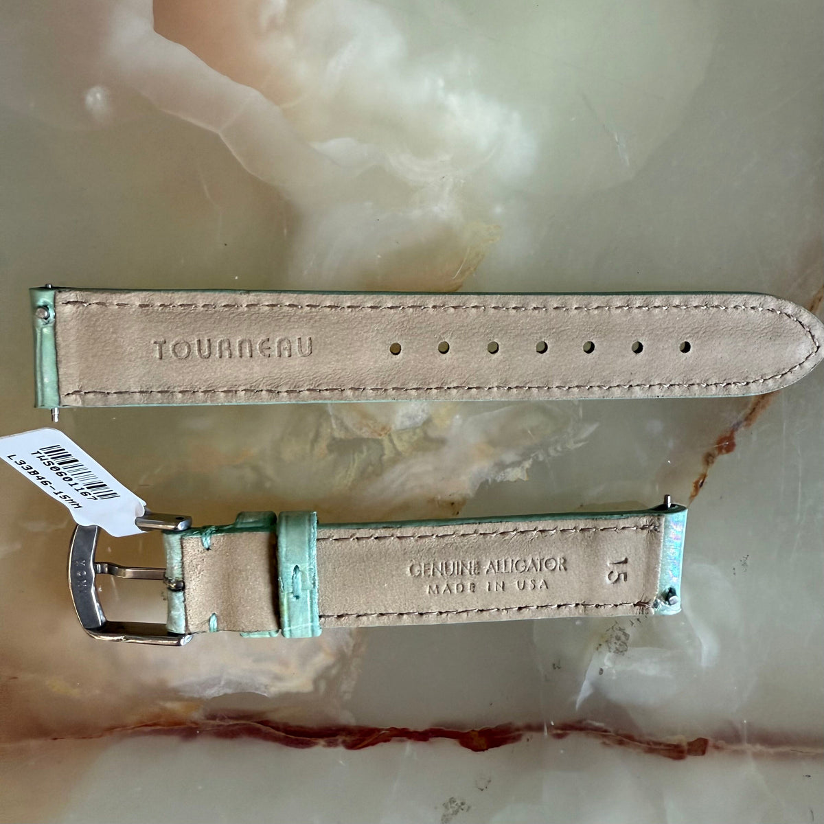 Genuine Alligator Pearly Green Watch Strap Band 15mm Padded & Stitched w Buckle