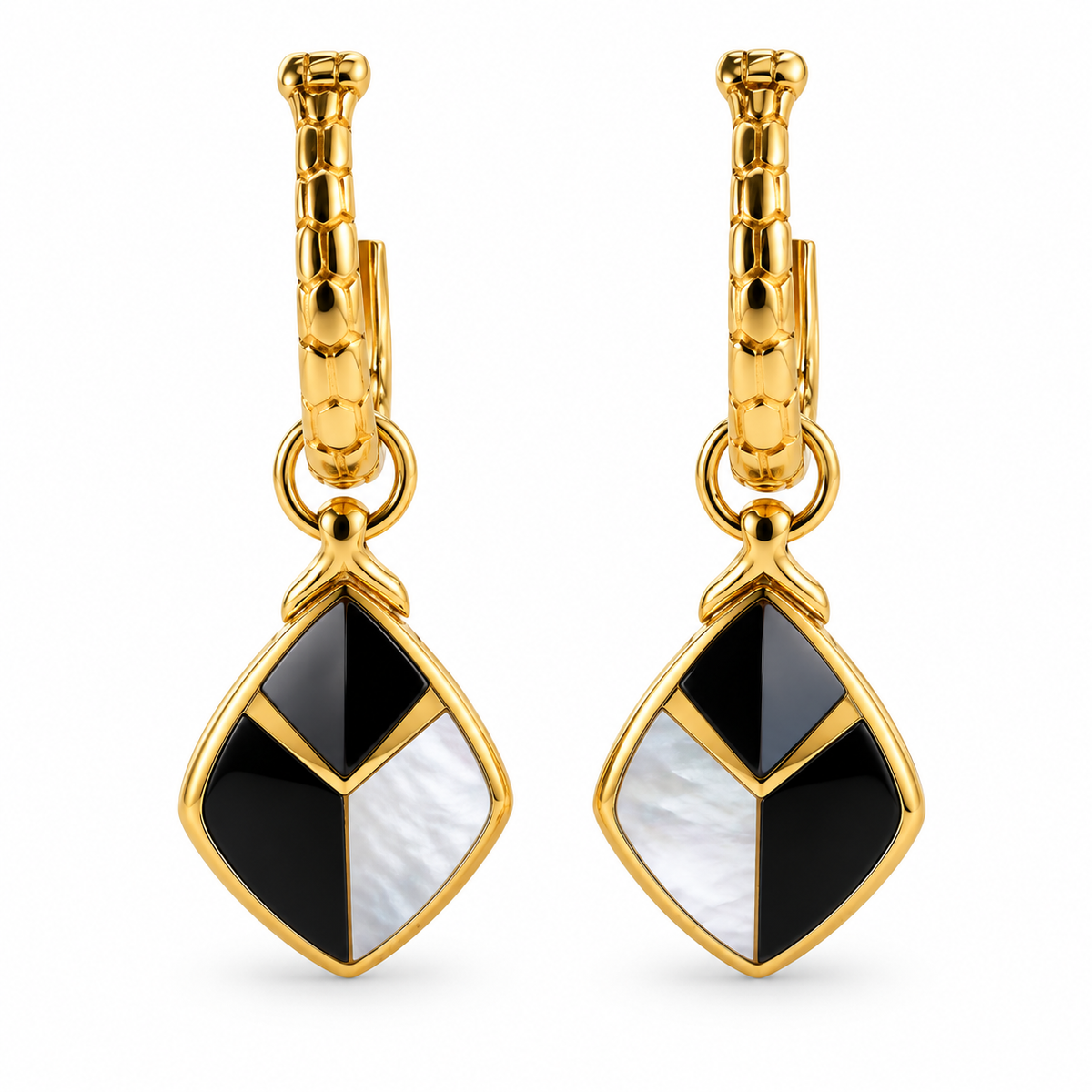 Asch Grossbardt Inlay Mother of Pearl Onyx Gold Earrings
