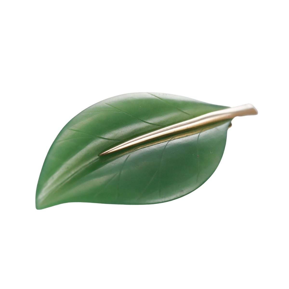 Gumps Nephrite 14k Gold Leaf Brooch Earrings Set