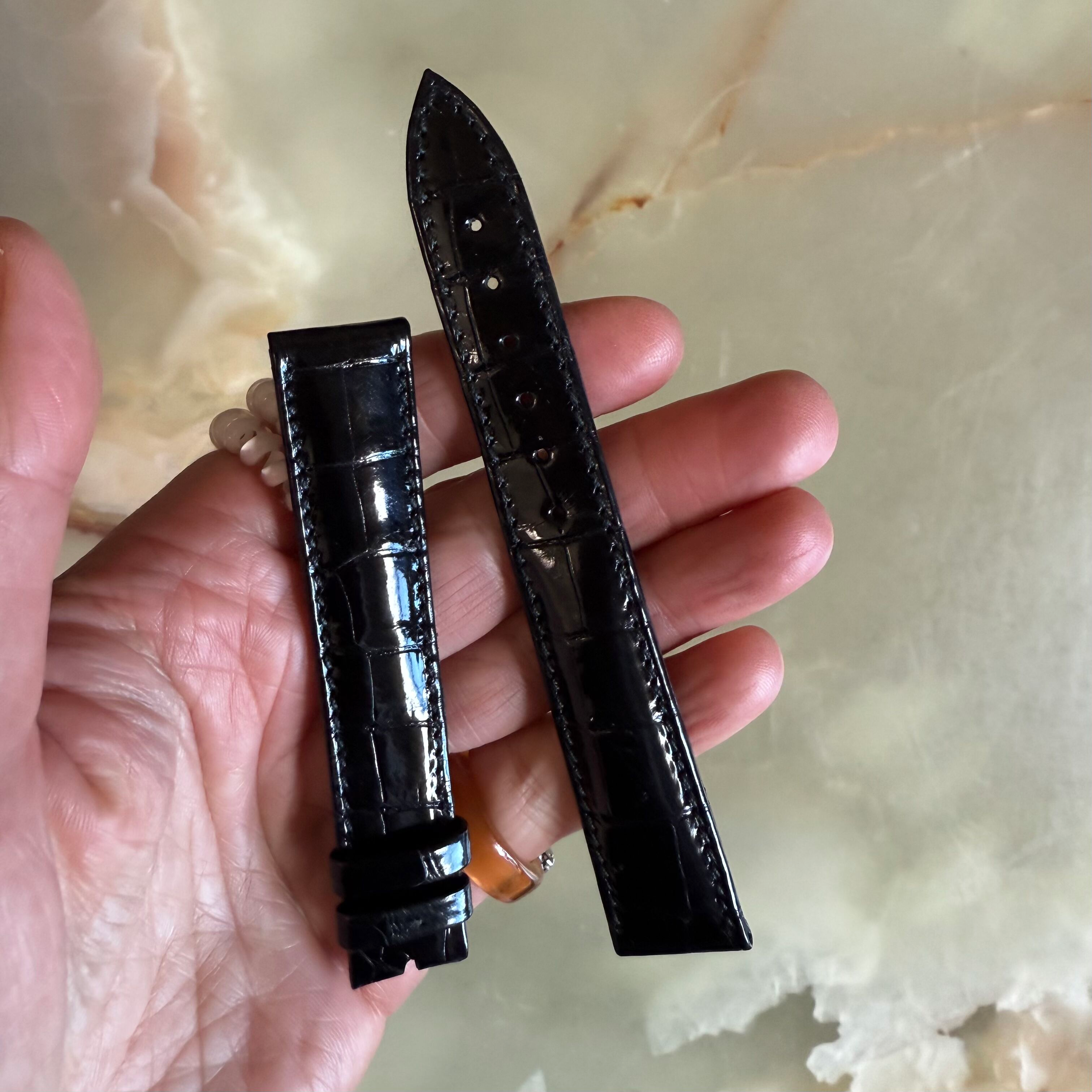 Authentic Breguet Black Shiny Crocodile Watch Strap Band 18.5mm Padded & Stitched