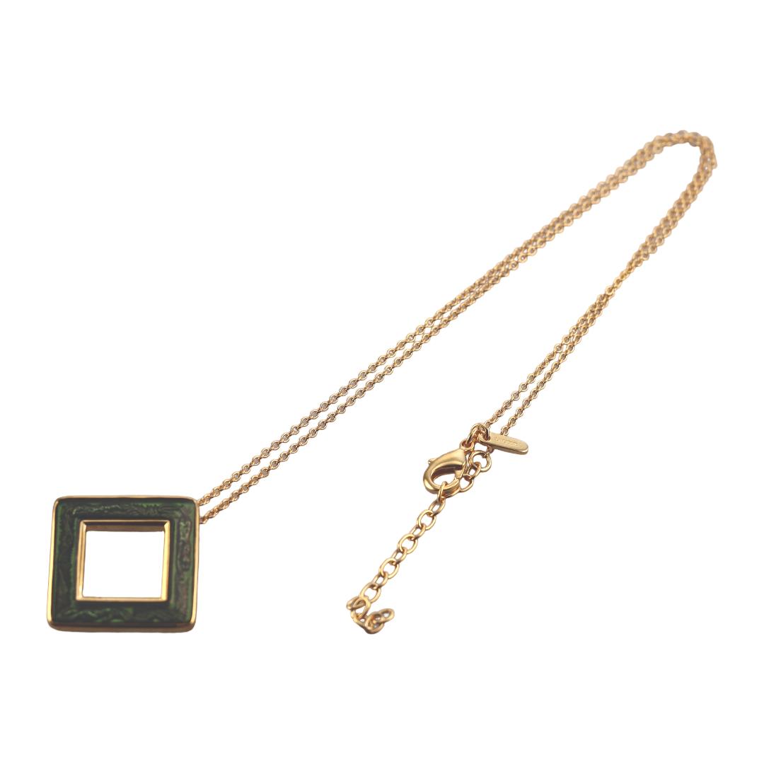 Lalique Losange Panthere Green Crystal Gold Plated Pendant Necklace 10767400