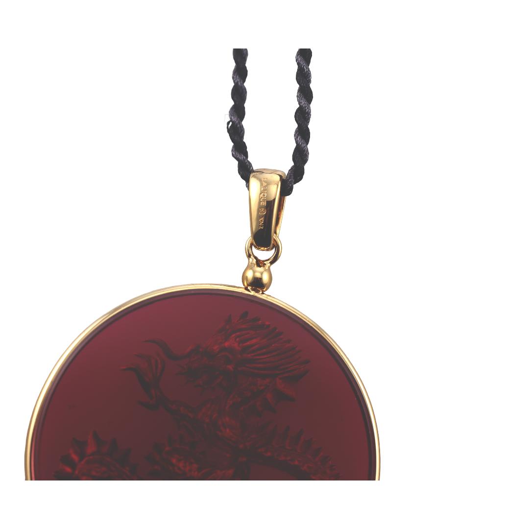 Lalique Dragon Red Crystal Gold Plated Tassel Pendant Necklace 10791400