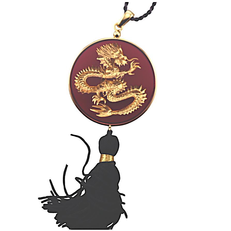 Lalique Dragon Red Crystal Gold Plated Tassel Pendant Necklace 10791400