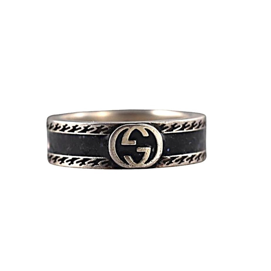 Gucci GG Interlocking Sterling Silver Black Enamel 6mm Band Ring