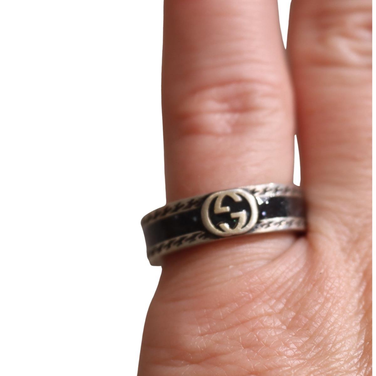 Gucci GG Interlocking Sterling Silver Black Enamel 6mm Band Ring