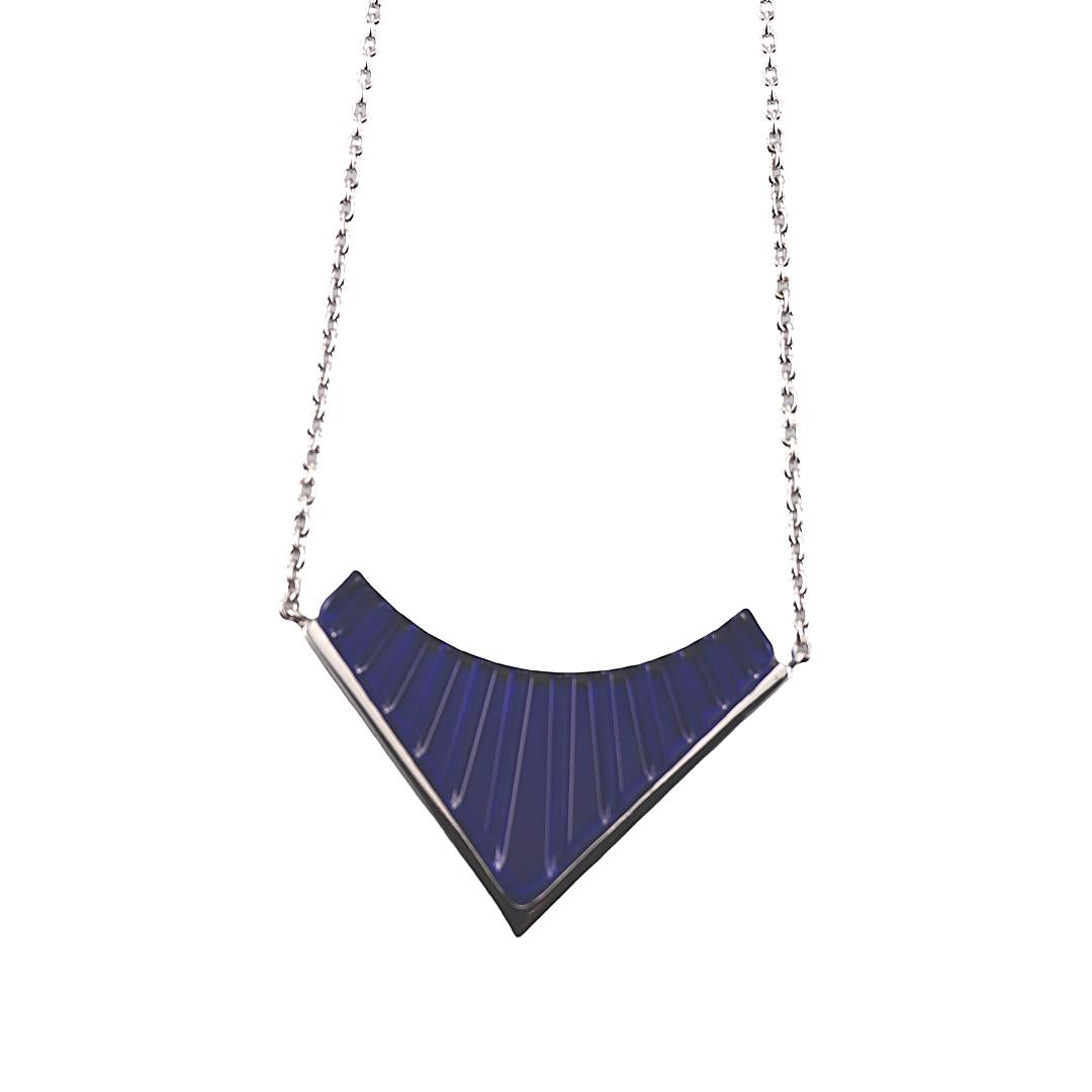 Lalique 1925 Blue Crystal Silver Plated Necklace GM Large Size 10680400