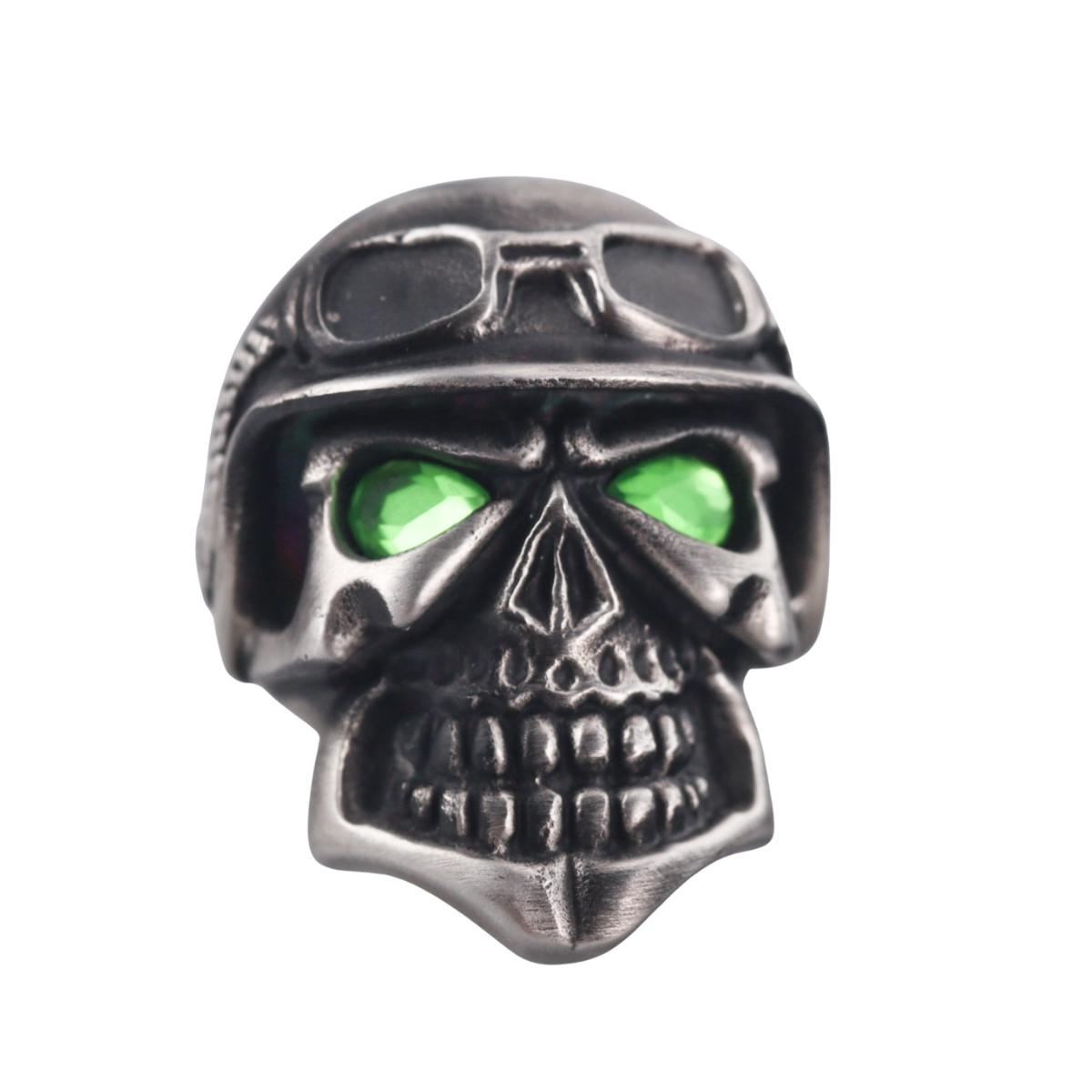 Skull Bomberg Skully Rider Stainless Steel Green Crystal Ring