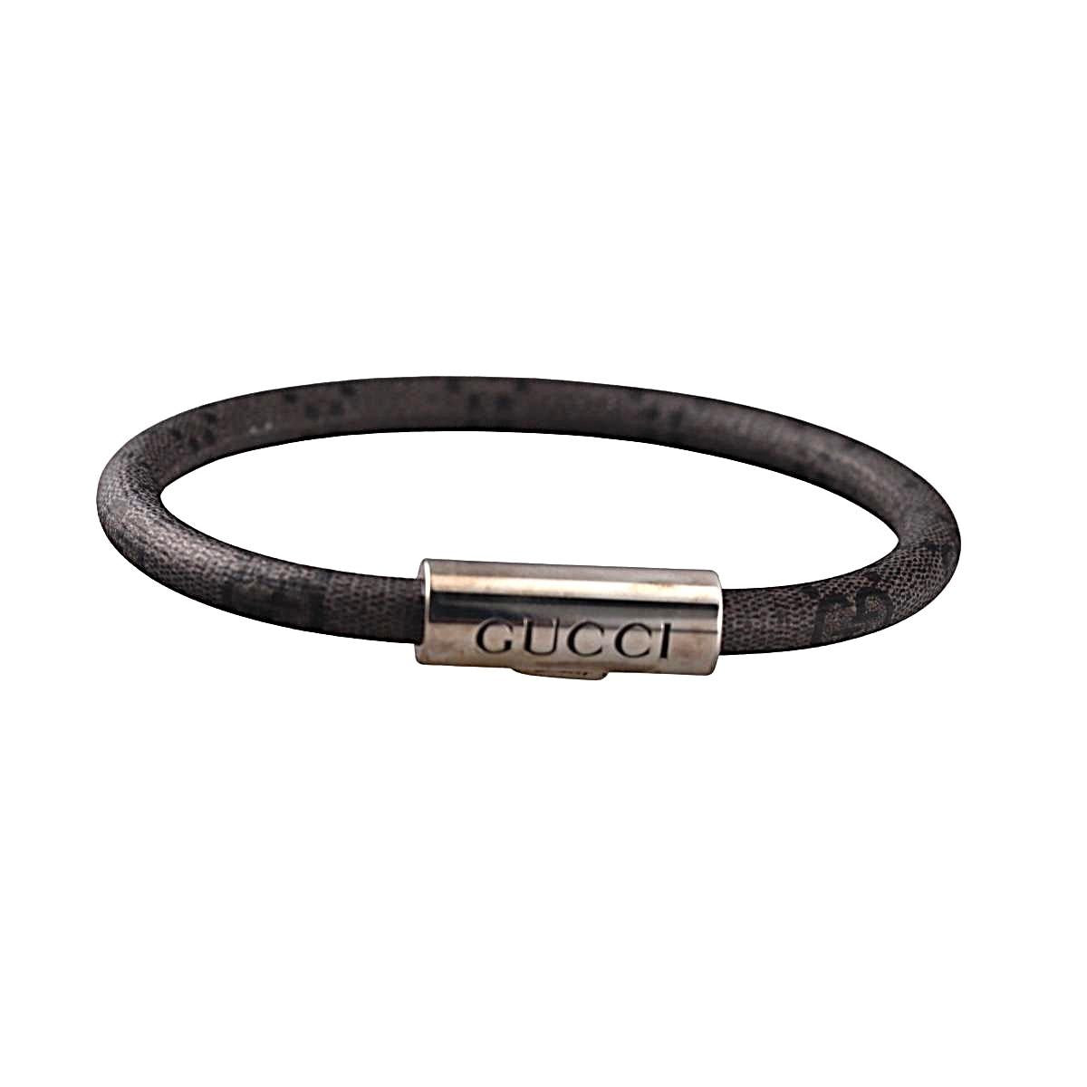 Gucci Trademark Sterling Silver Grey Canvas Bracelet Size 17