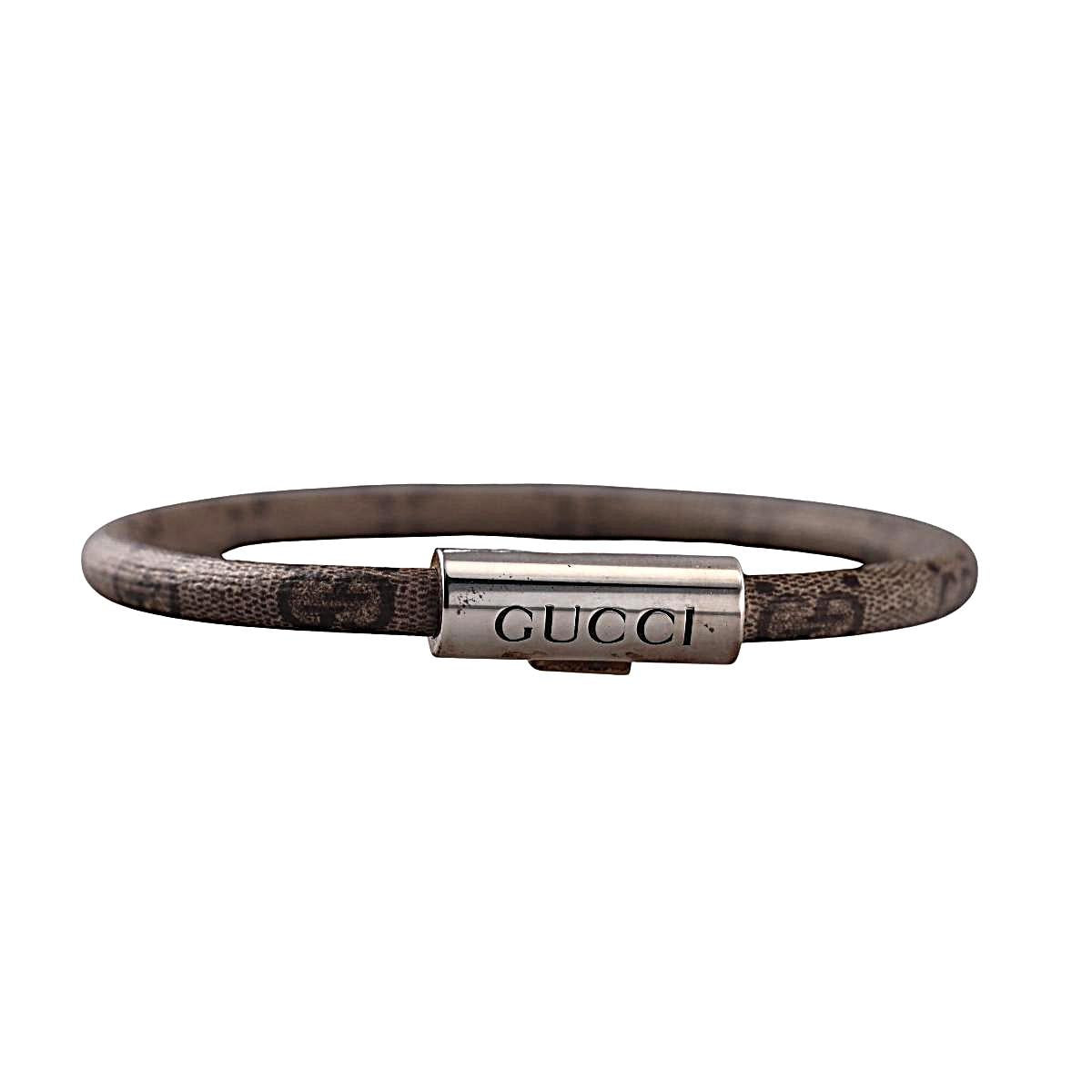 Gucci Trademark Sterling Silver Beige Canvas Bracelet Size 18