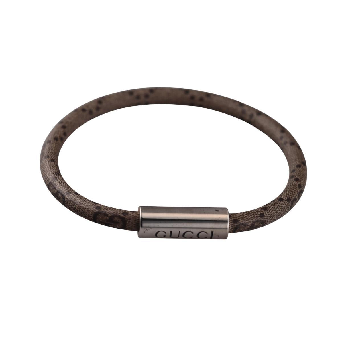 Gucci Trademark Sterling Silver Beige Canvas Bracelet Size 18