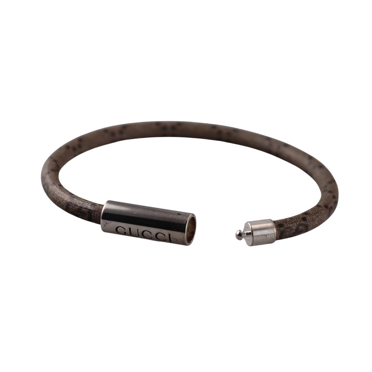 Gucci Trademark Sterling Silver Beige Canvas Bracelet Size 18