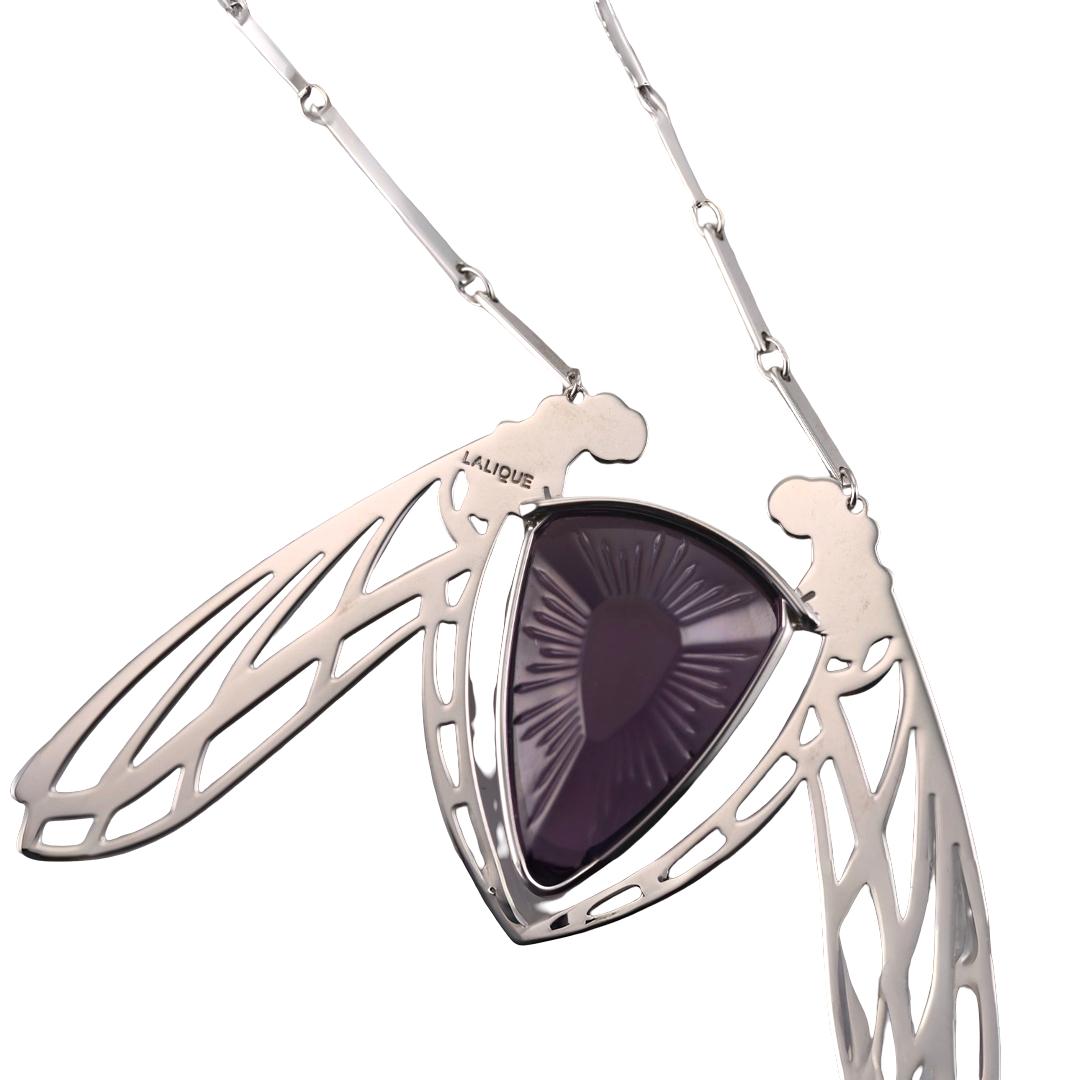 Lalique Ice Light Purple Crystal Dragonfly Sterling Silver Necklace 10047100
