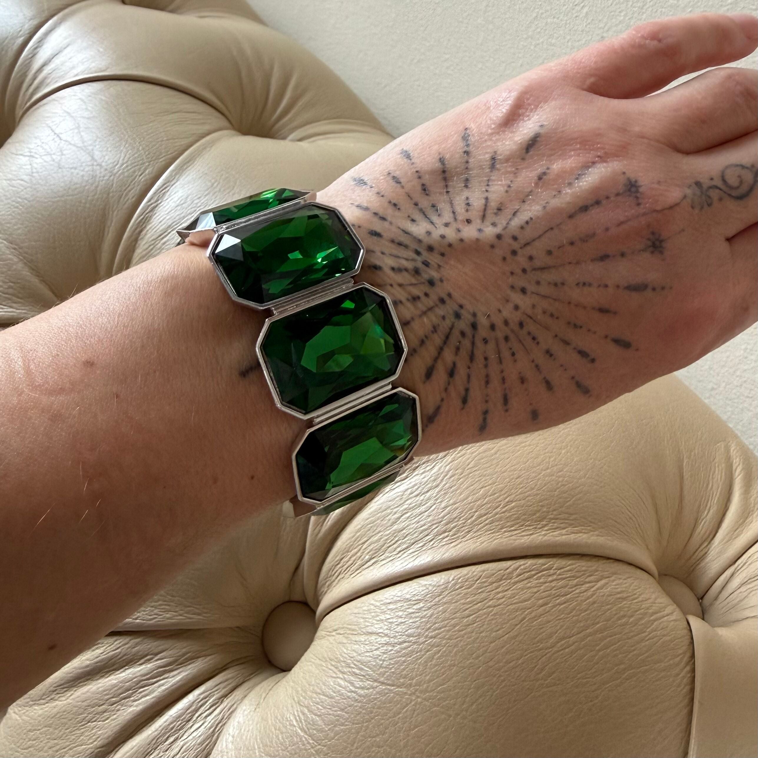 Rebecca Silver Tone Green Swarovski Crystal Cuff Bracelet