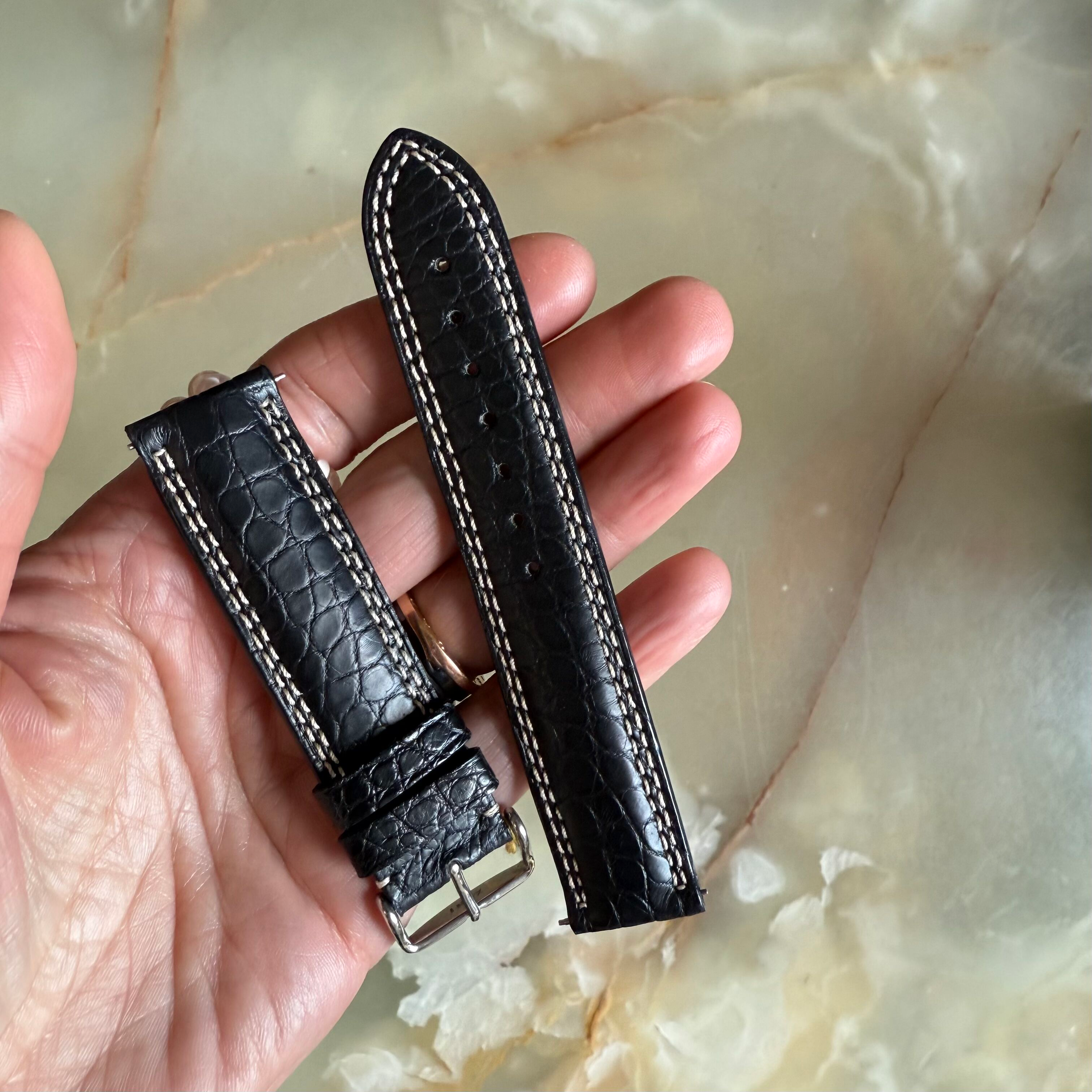 Genuine Alligator Black Watch Strap Band 20mm Padded & Stitched with Buckle