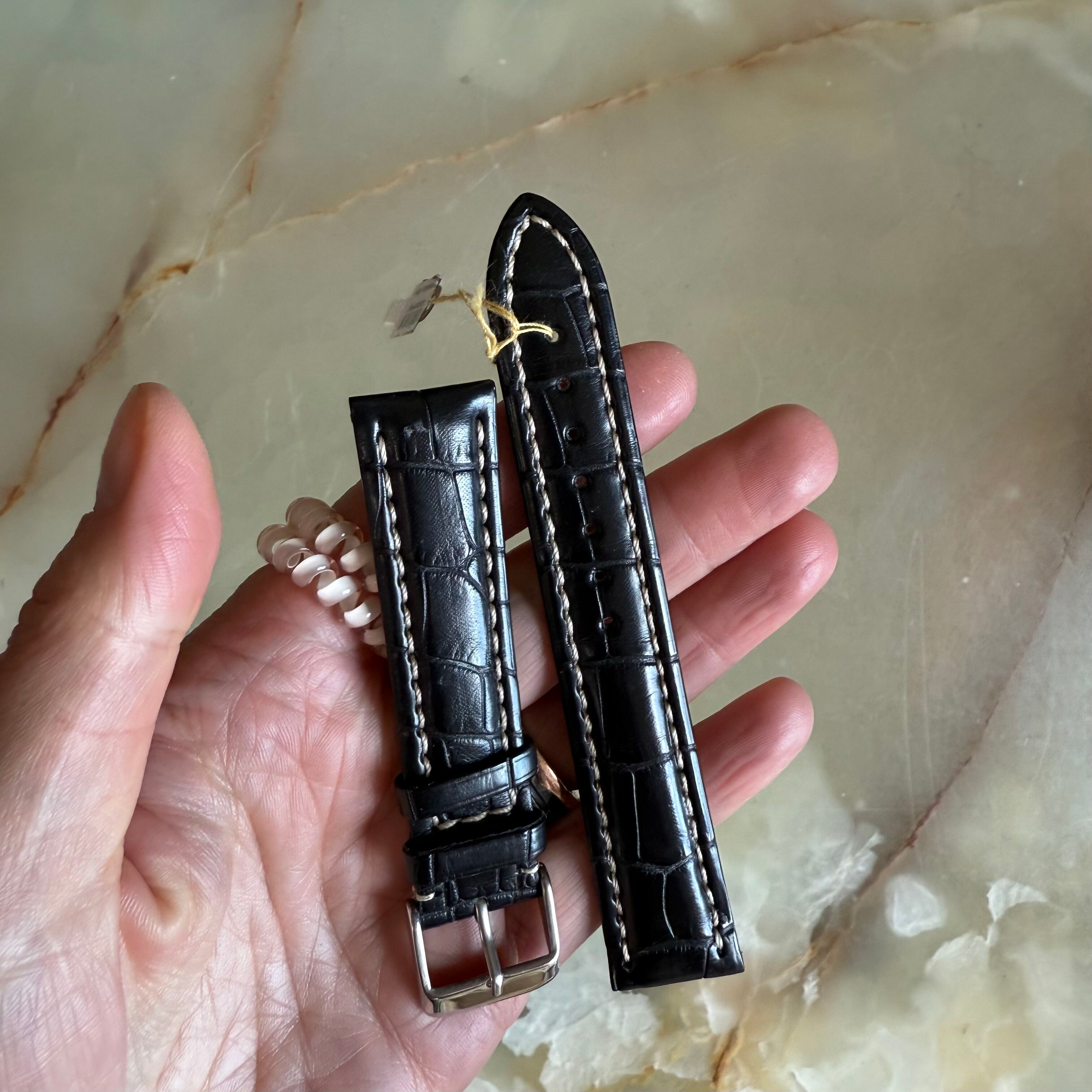 Genuine Alligator Black Watch Strap Band 20mm Padded & Stitched with Buckle