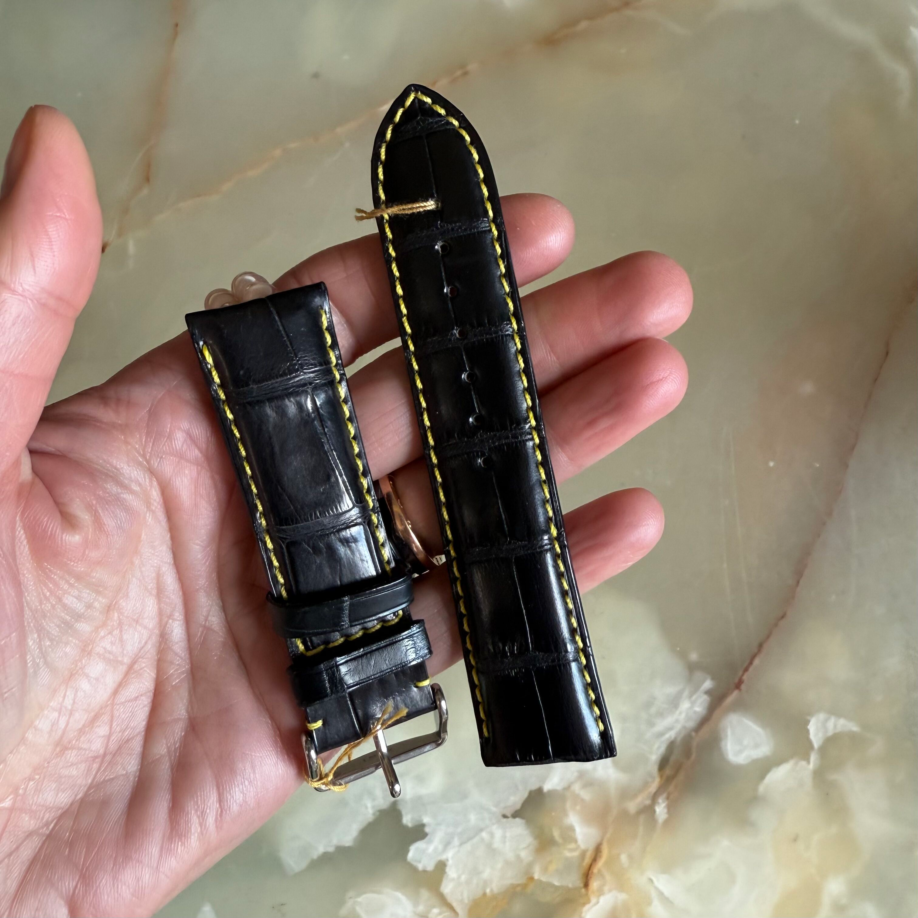 Genuine Alligator Black Watch Strap Band 24mm Padded & Stitched with Buckle